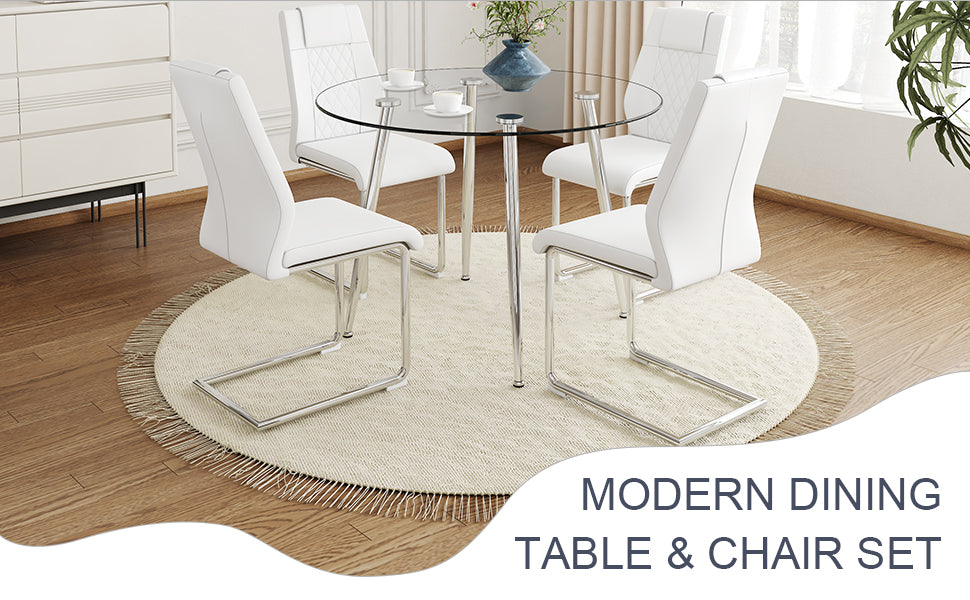 Table And Chair Set.A Modern Minimalist Round Dining Table With Transparent Tempered Glass Top And Silver Metal Legs,And 4 Chairs With Pu Backrest And Seat Cushion And Silver C Tube Metal Legs. Transparent,White Seats 4 Glass Metal