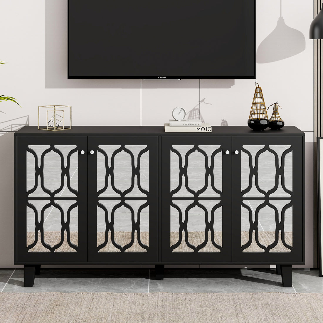 Buffet Cabinet With Adjustable Shelves, 4 Door Mirror Hollow Carved Tv Stand For Tvs Up To 70'', Multi Functional Console Table With Storage Credenza Accent Cabinet For Living Room, Black 3 4 Spaces Black Primary Living Space Adjustable Shelves Mdf