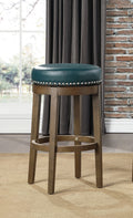 Round Swivel Bar Stools Set Of 2, Green Faux Leather 360 Degree Swivel Seat Trim Solid Wood Frame Brown Finish Furniture Brown Green Dining Room Round Solid Wood