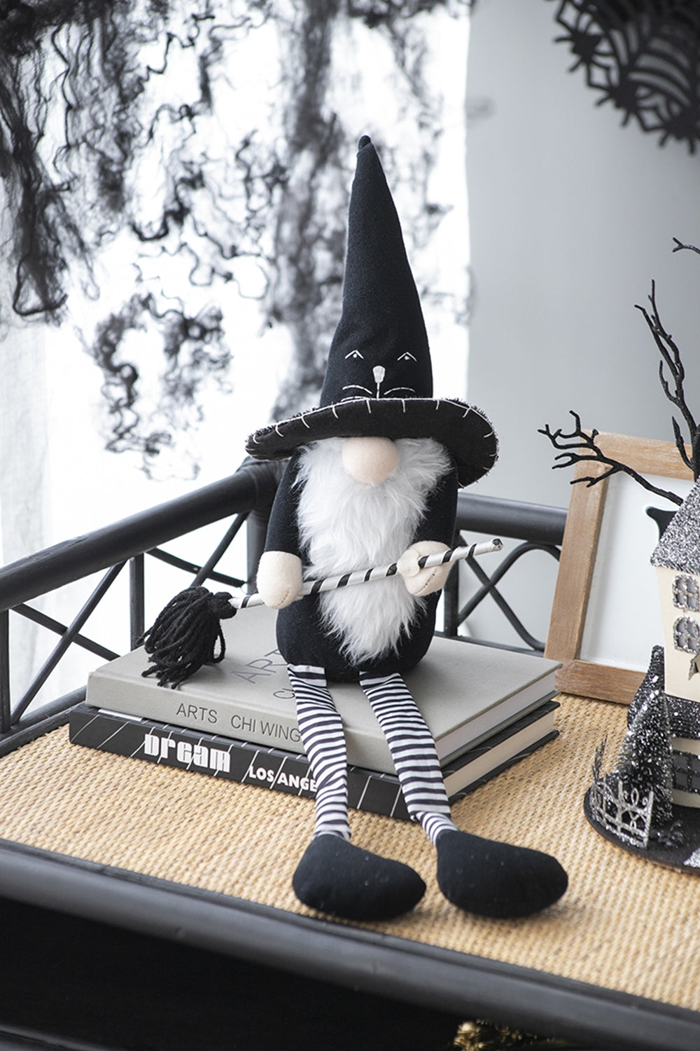 4.3X4X26.8" Fabric Sitting Black Gnome With Broomstick&Long Legs, For Halloween Decor Black White Polyester