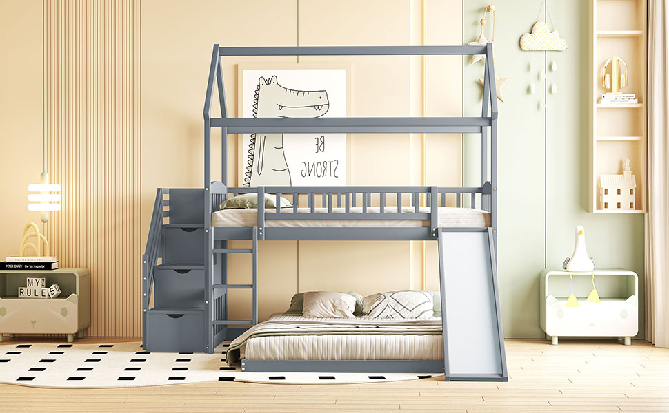 Twin Over Twin Bunk Bed With Two Drawers And Slide, House Bed With Slide, White Old Sku :Lt000129Aae Gray Pine