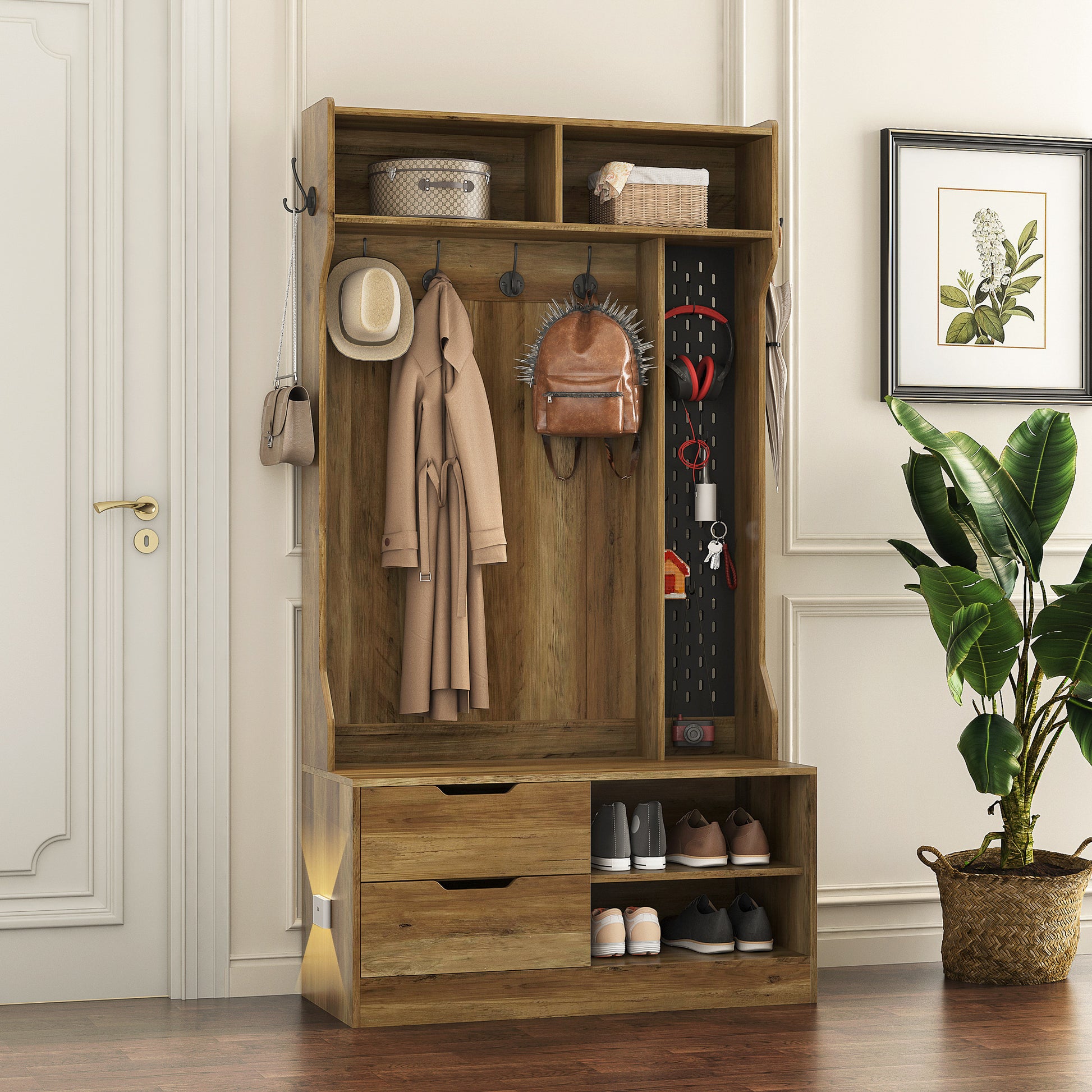 Hall Tree With 4 Hooks,Coat Hanger, Entryway Bench, Storage Bench,For Entrance, Hallwa,Brown Brown Mdf