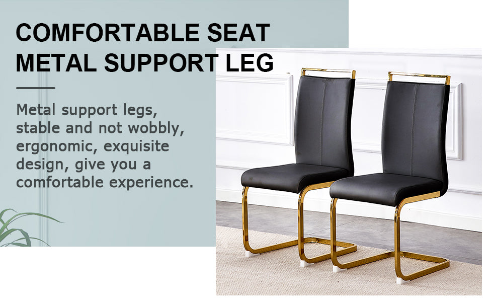 Table And Chair Set.Modern Rectangular Dining Table With Black Textured Stickers Glass Tabletop And Gold Plated Metal Legs.Paried With 4 Comfortable Chairs With Pu Seats And Golden Metal Legs. Black Gold Seats 4 Glass Metal