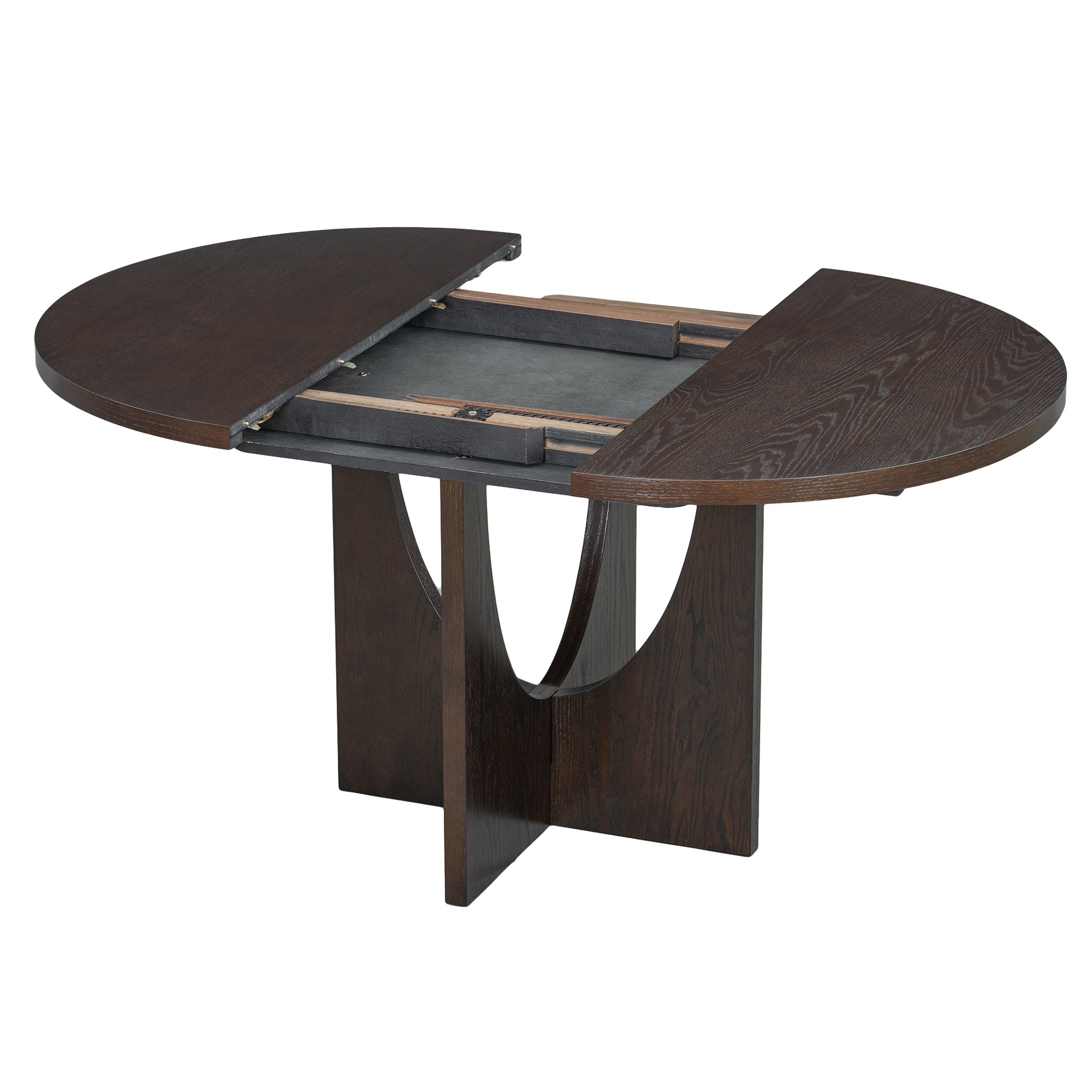 Modern 5 Piece Extendable Round Dining Table Set With 16.2Inch Removable Leaf For Small Places, Espresso Gray Wood Dining Room Solid Wood Rubberwood Round Dining Table With Chair Upholstered Chair Wood Espresso Seats 4 Removable Leaf Contemporary Round