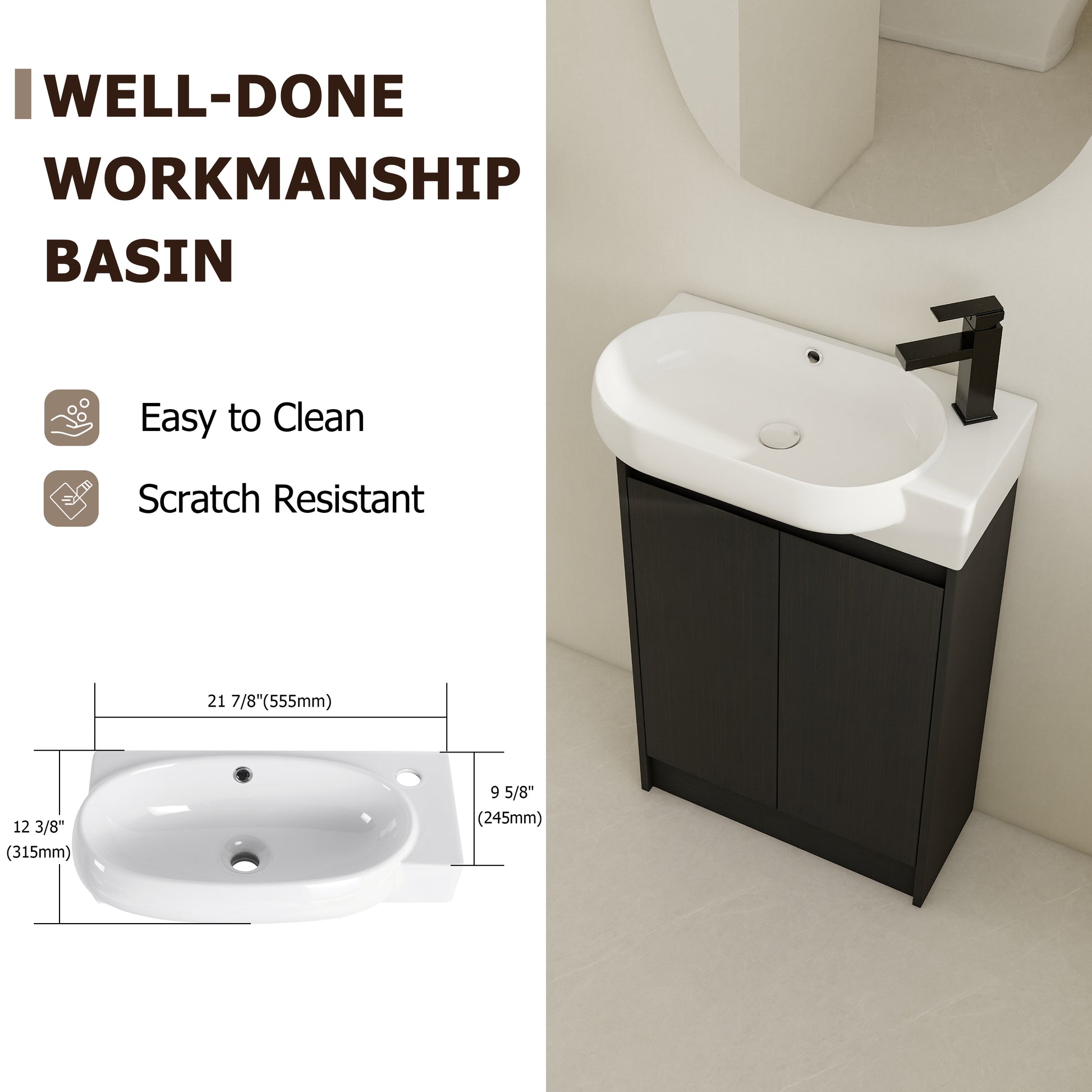 23" Freestanding Bathroom Vanity With Sink, Soft Close Doors Black Chestnut Bathroom Modern Plywood