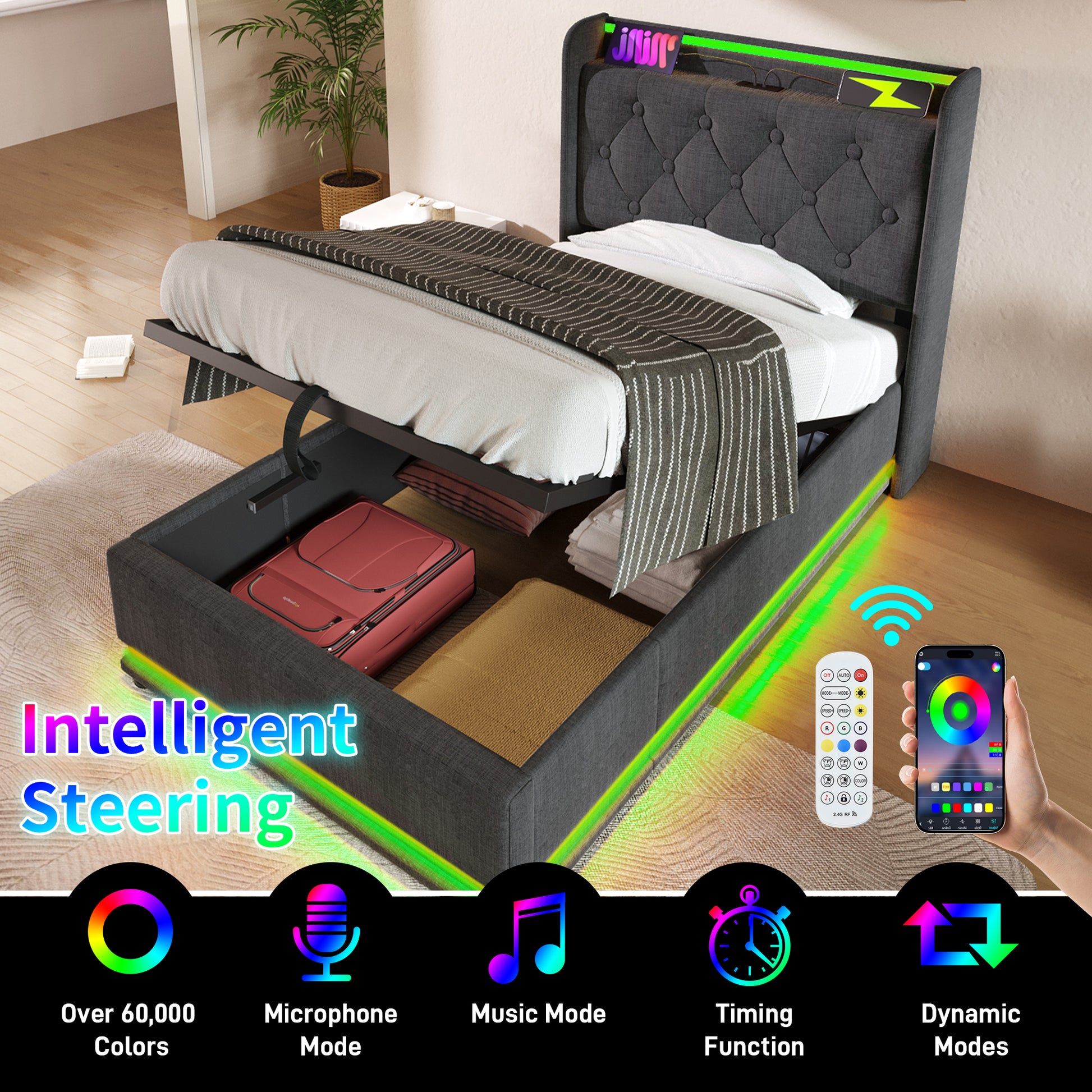 Twin Size Upholstered Bed, 360 Surround Led Function, Buttons Apps Remote Control, Hydraulic Storage Bed With Usb Type C Charging, Gray,Linen Without Mattress Twin Gray Linen