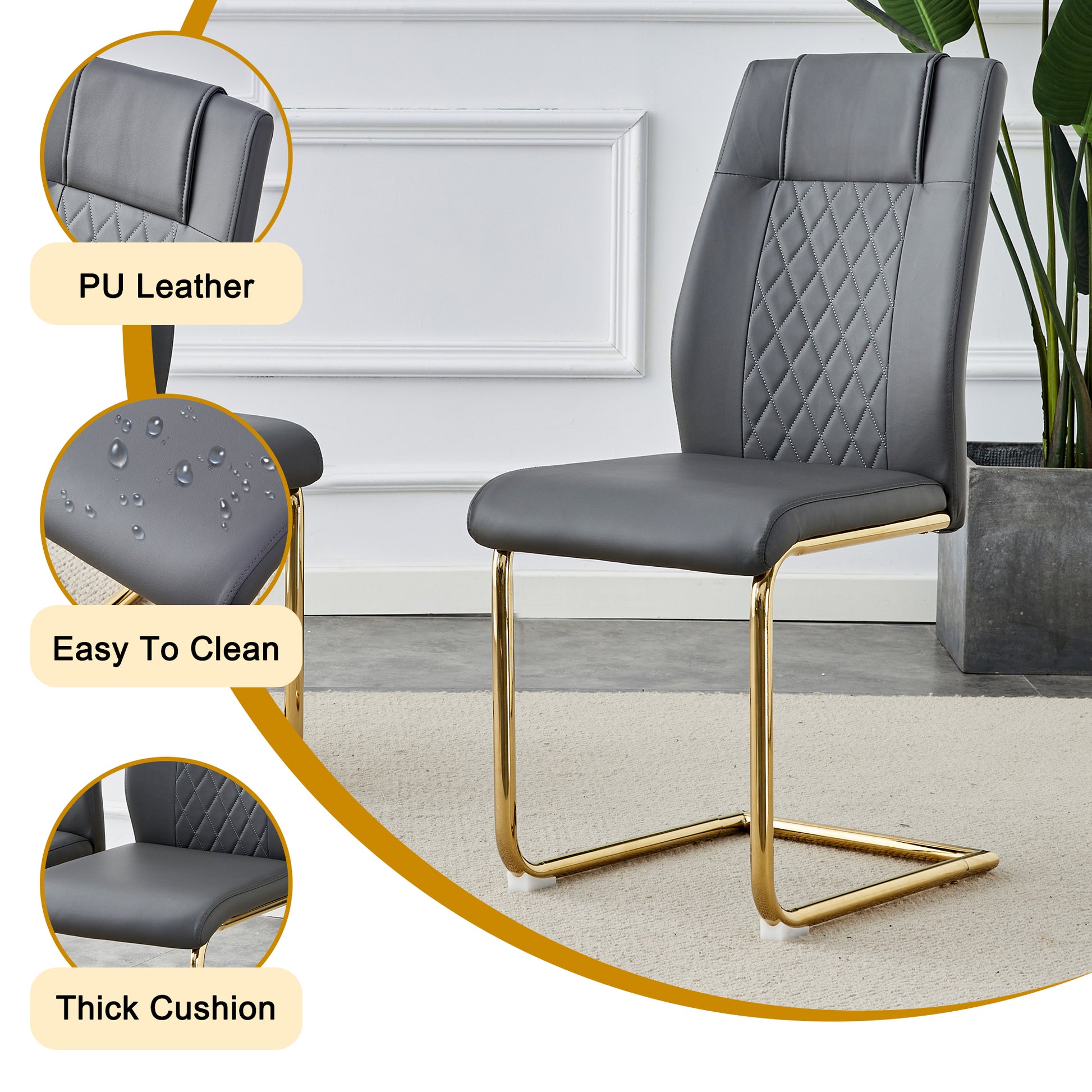 Table And Chair Set.Modern Rectangular Dining Table With Transparent Tempered Glass Tabletop And Gold Plated Metal Legs.Paried With 8 Comfortable Chairs With Pu Seats And Golden Metal Legs. Grey Gold,Transparent Seats 8 Glass Metal