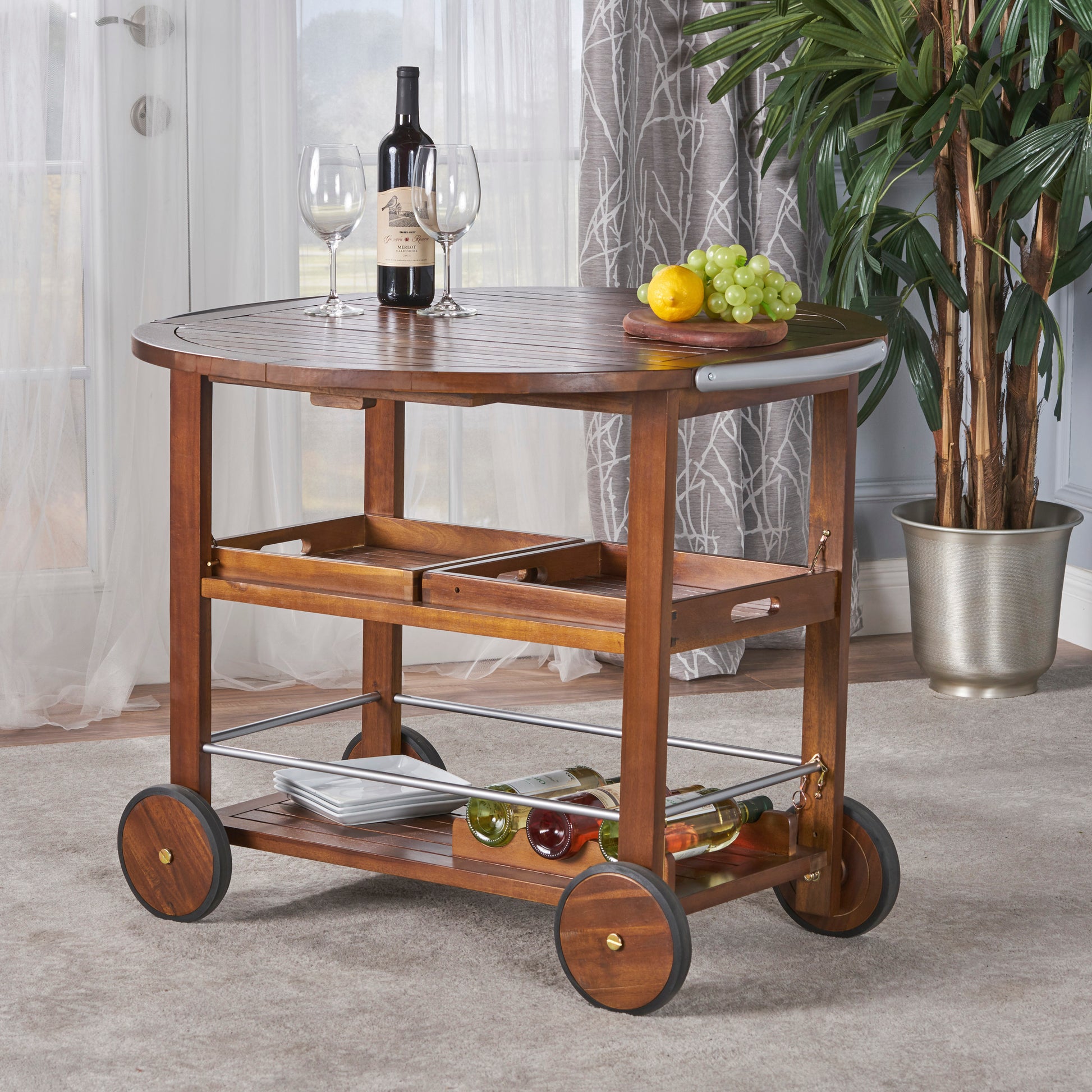 Bar Cart Oak Silver Wood