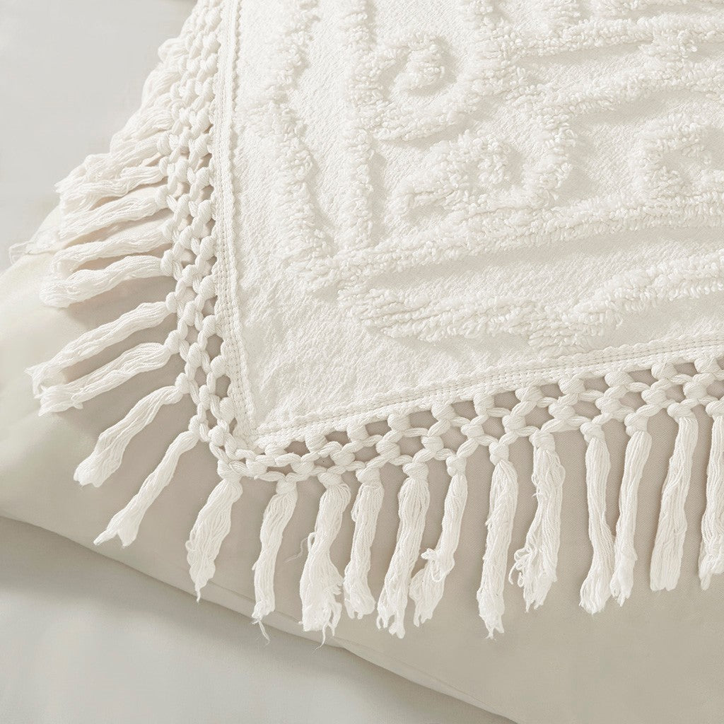 Tufted Cotton Chenille Medallion Fringe Coverlet Mini Set Off White King Cal King King Off White Cotton