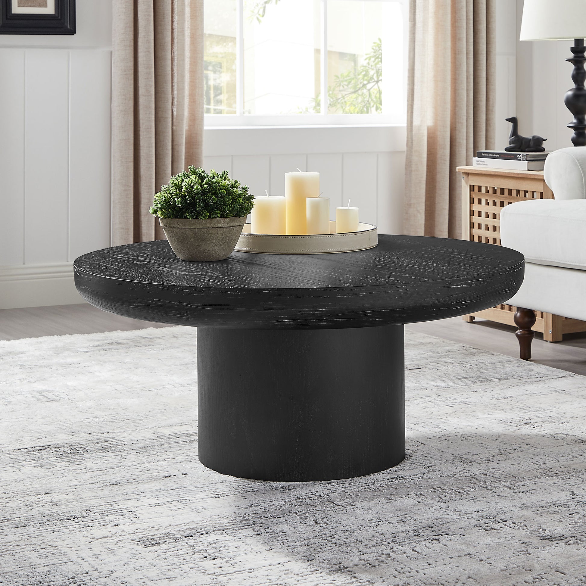 35.98Inch Round Coffee Table With Cylindrical Leg,Wood Veneer Tabletop Table,Rounded Sofa Side Table For Living Room Office,Black Black Mdf