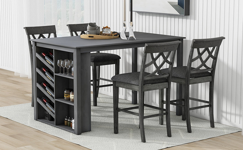 Updated Counter Height 5 Piece Solid Wood Dining Table Set, 59*35.4Inch Table With Curved Wine Rack And 4 Upholstered Chairs, Grey Wood Dining Room Solid Wood Rubberwood Rectangular Dining Table With Chair Wood Wood Grey Solid Back Seats 4 Farmhouse 4