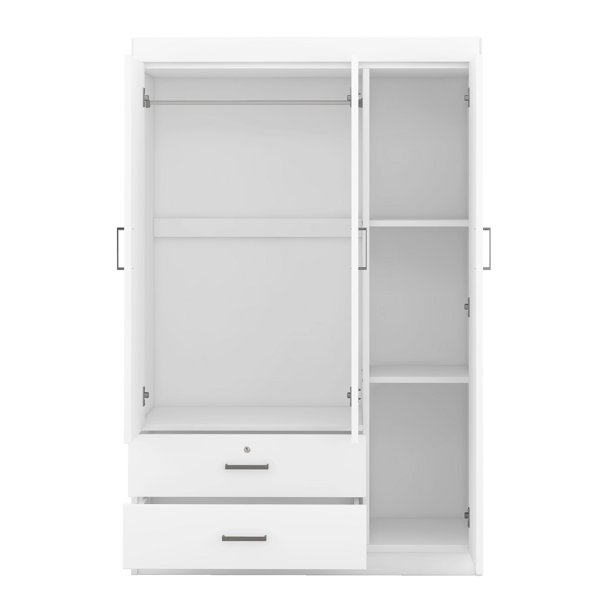 3 Door Mirror Wardrobe With Shelves, White White Plywood