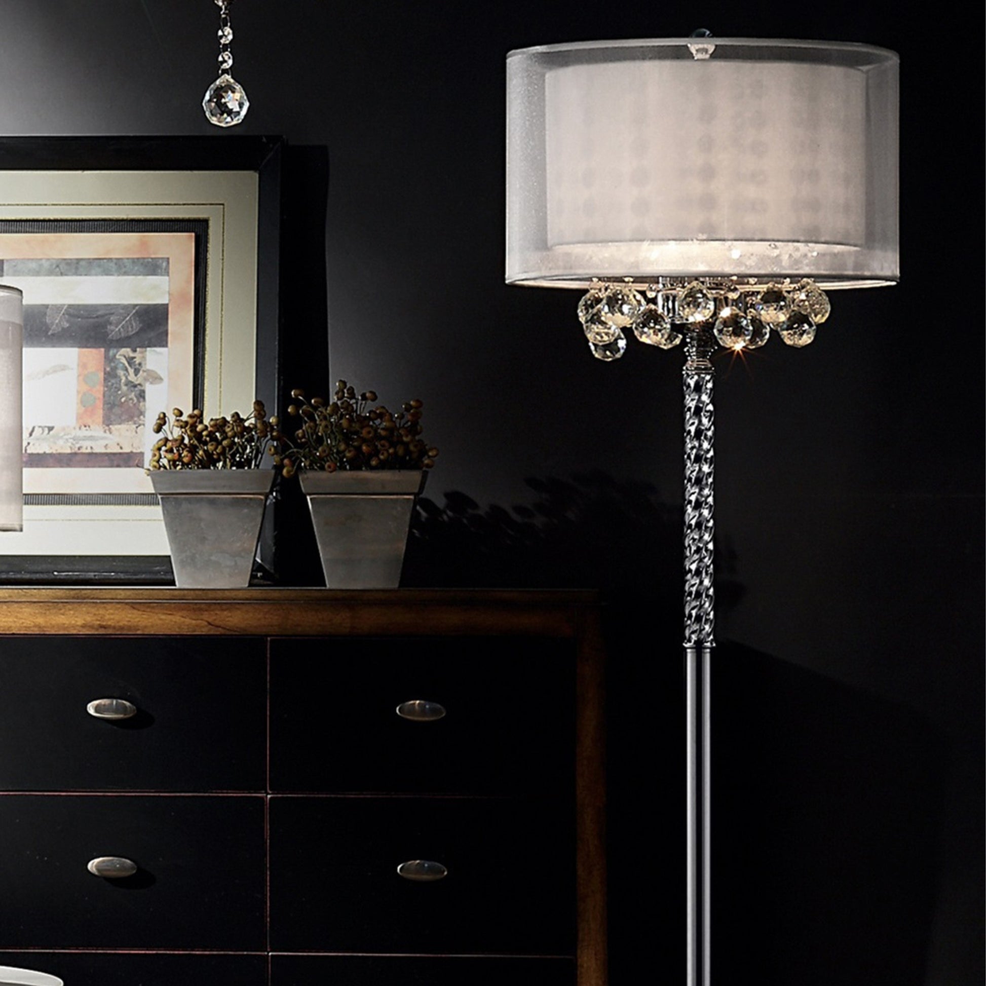 62.5" Tall Floor Lamp "Moiselle", Silver And Crystal Accents, Silvery Shade Multicolor Metal