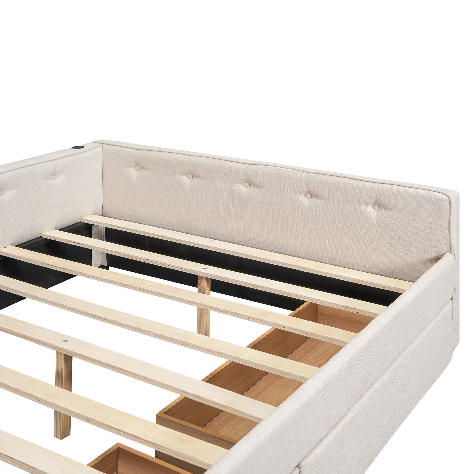 Full Size Upholstered Platform Bed With Usb And 2 Drawers, Beige Box Spring Not Required Full Beige Wood Bedroom Bed Frame Linen Upholstered