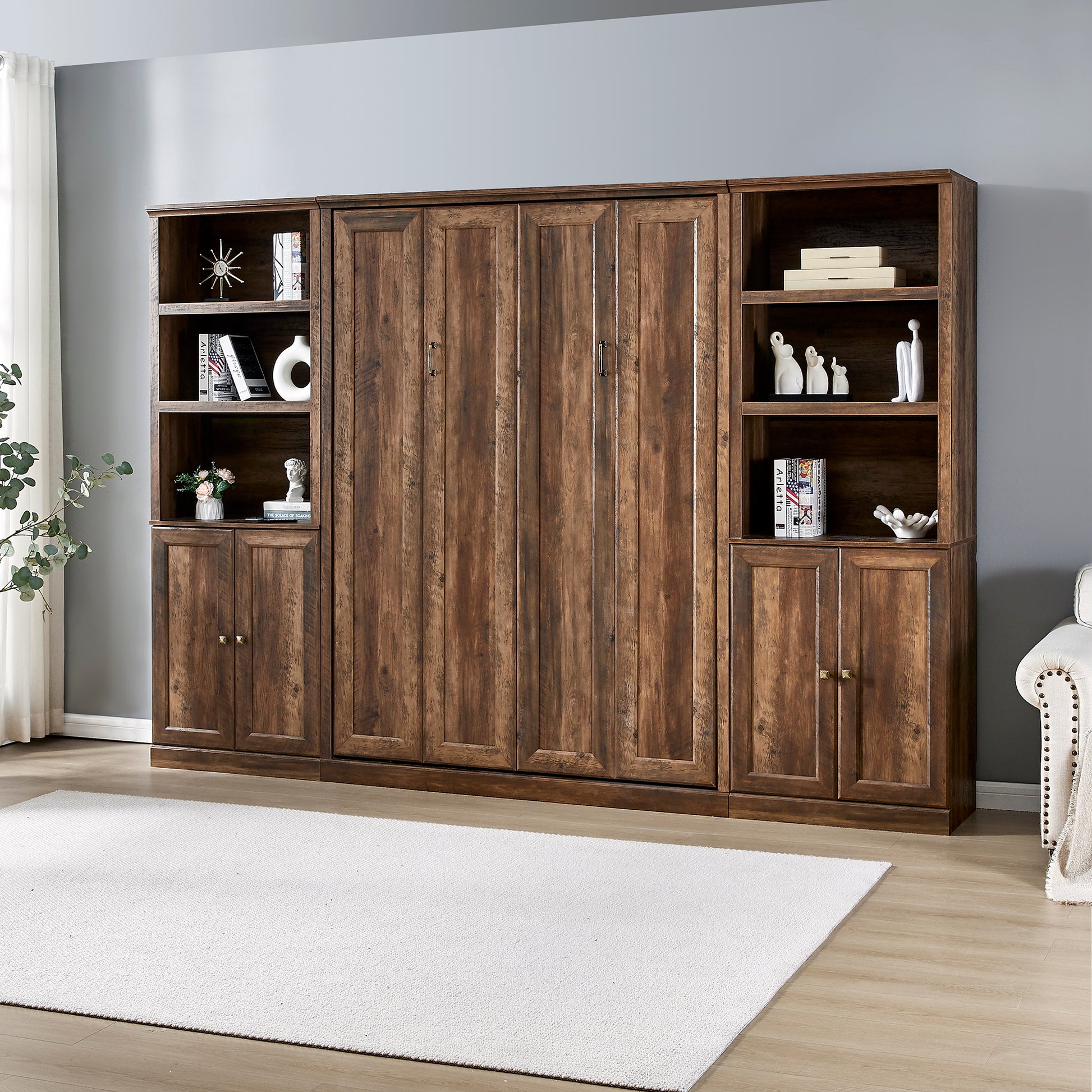 Full Size Half Self Close And Open Murphy Bed With 2 Side Cabinet Storage Shelf, Cabinet Space Saving Bed Perfect For Guest Room, Bed Room, Guest Room, Home Office, Brown Box Spring Not Required Full Brown Wood Brown Pine Murphy Solid Wood Mdf