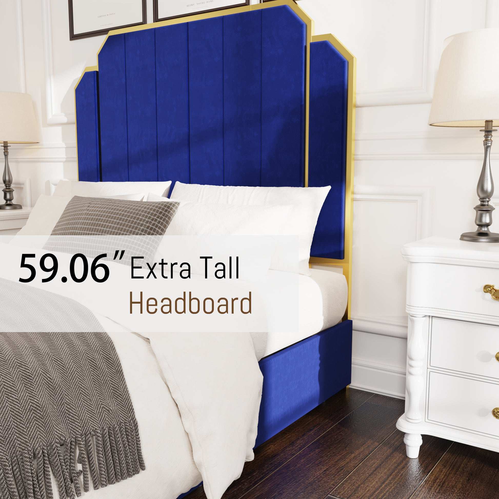 Queen Size Bed Frame And 59.06" Headboard, Upholstered Bed With Golden Plating Trim, Modern Platform Bed No Box Spring Needed, Navy Blue Queen Bed Box Spring Not Required Queen Gold Blue Metal Bedroom Modern Bed Frame Velvet Mdf Metal