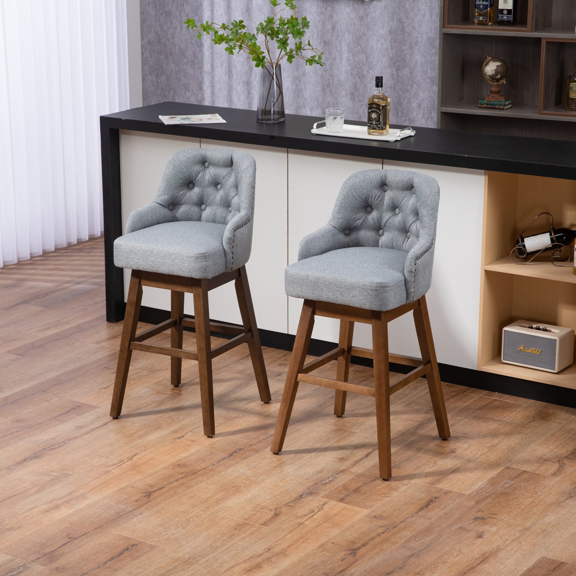 Coolmore Bar Stools Set Of 2 Counter Height Chairs With Footrest For Kitchen, Dining Room And 360 Degree Solid Wood Legs Swivel Bar Stools Set Of 2 Gray Linen Gray Foam Linen