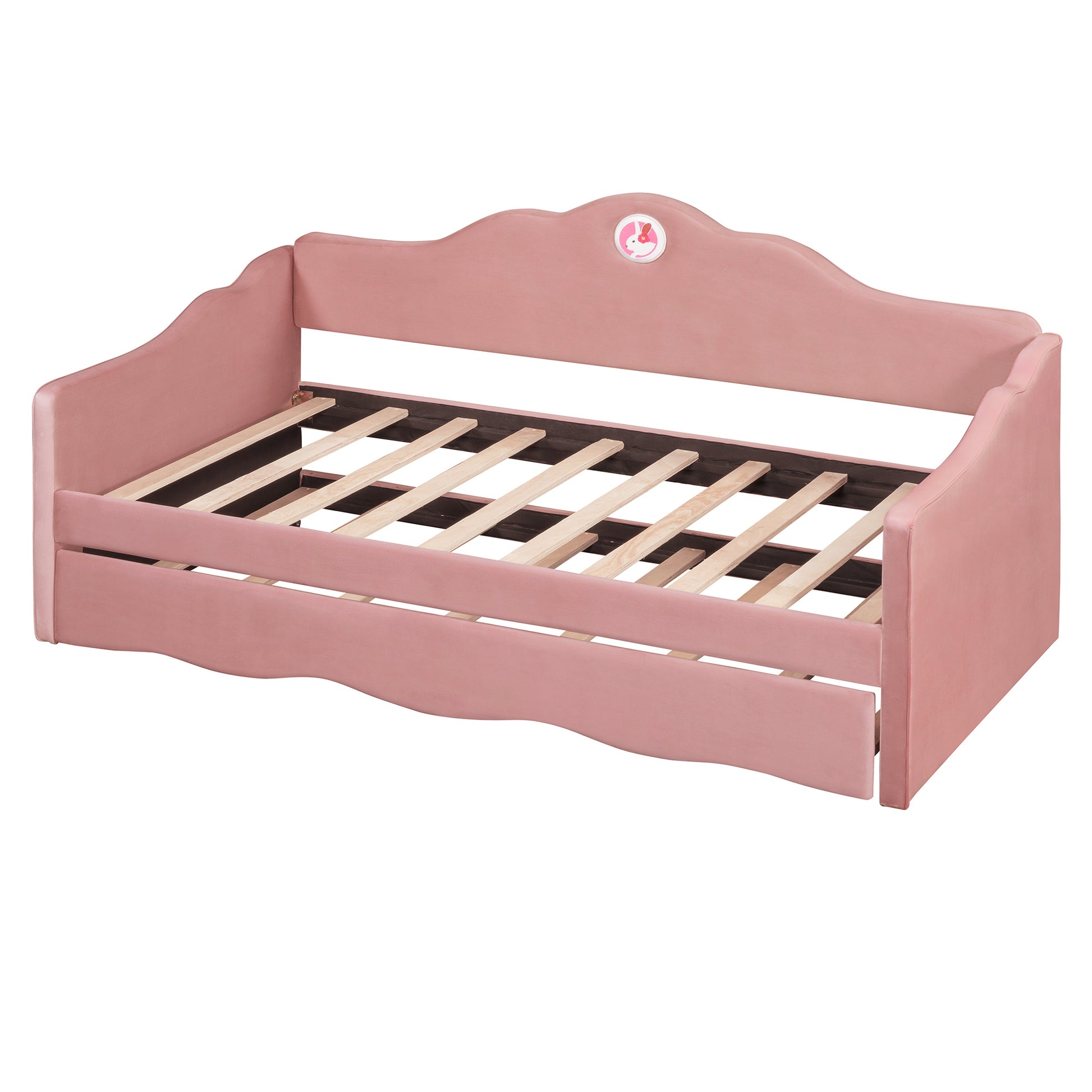 Twin Size Upholstered Daybed With Wave Shaped Trundle, Pink Pink Velvet