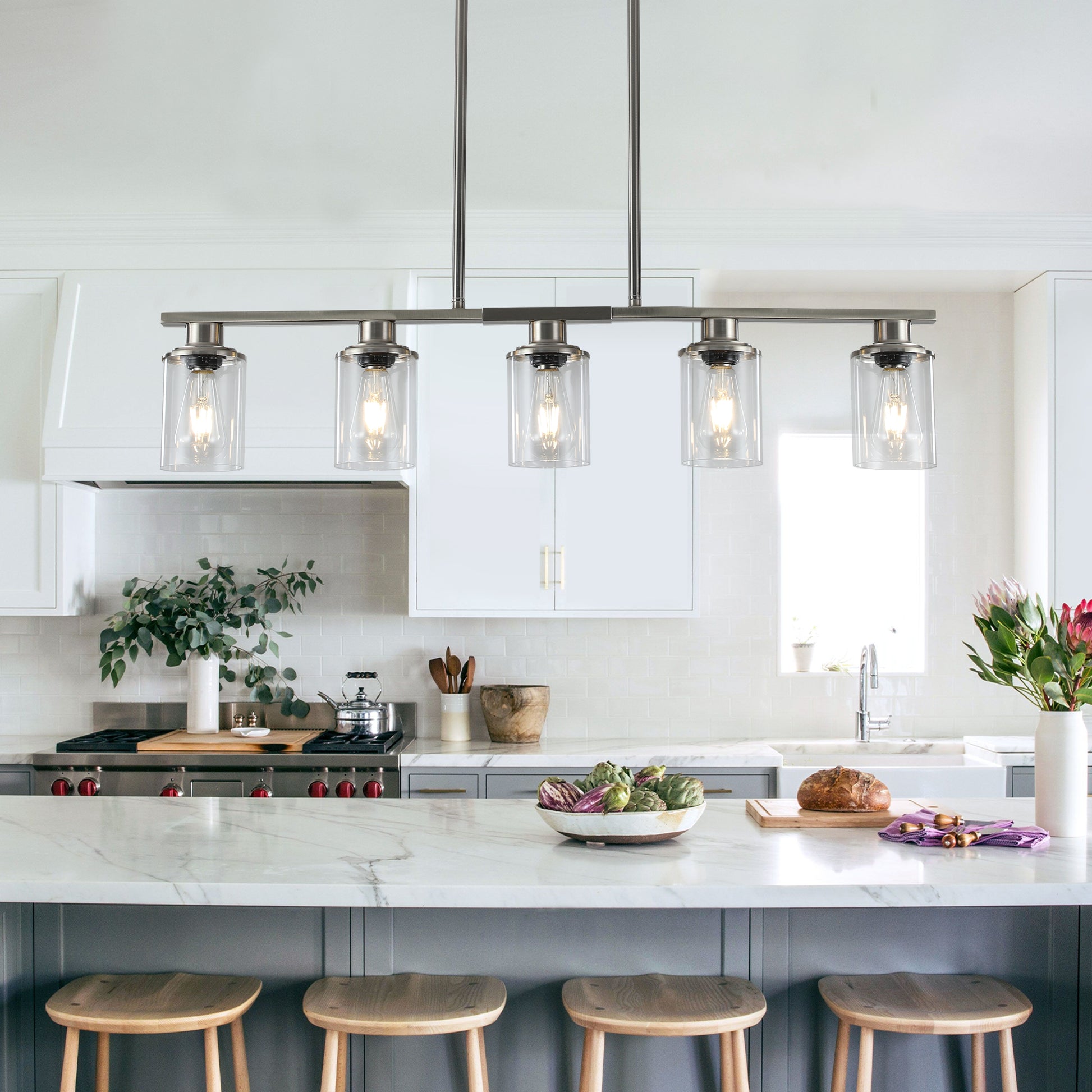 Brushed Nickel 5 Light Chandelier Contemporary Kitchen Island Pendant Light With Clear Glass Shades For Dining Room, Farmhouse, Or Modern Decor No Bulbs Brushed Nickel Glass,Iron