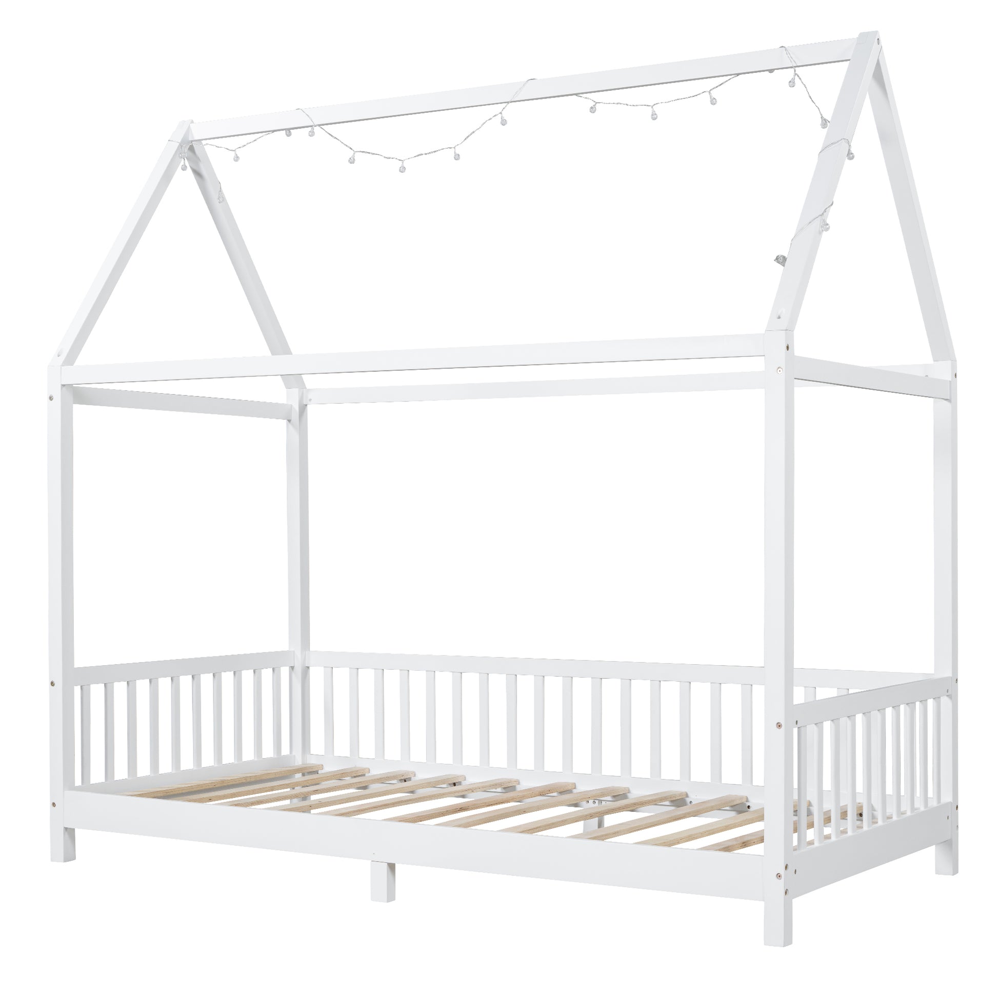 Wood Twin Size House Bed With Guardrail And Led, White Box Spring Not Required Twin White Wood Bedroom Solid Wood Mdf