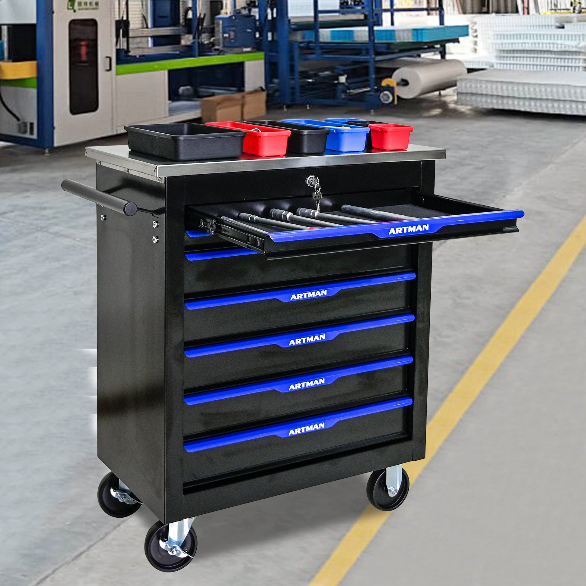 7 Drawers Multifunctional Tool Cart With Wheels Black Blue Black Blue Steel