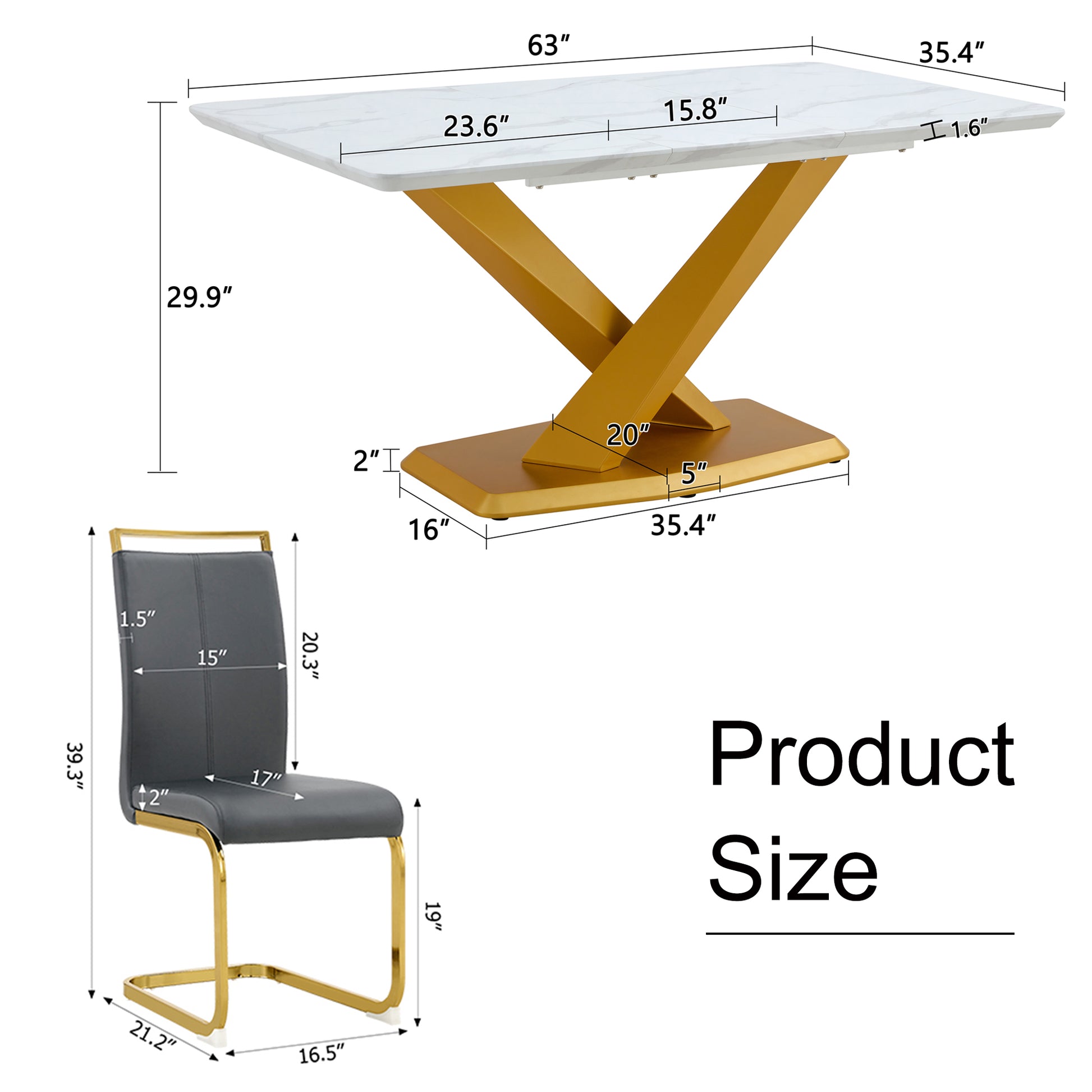 Table And Chair Set, The Table Is Equipped With A Marble Patterned Mdf Tabletop And Gold Table Legs.The Chair Is Equipped With Pu Synthetic Leather High Back Cushion And Gold Coated Metal Legs. Grey Gold Seats 6 Mdf Metal