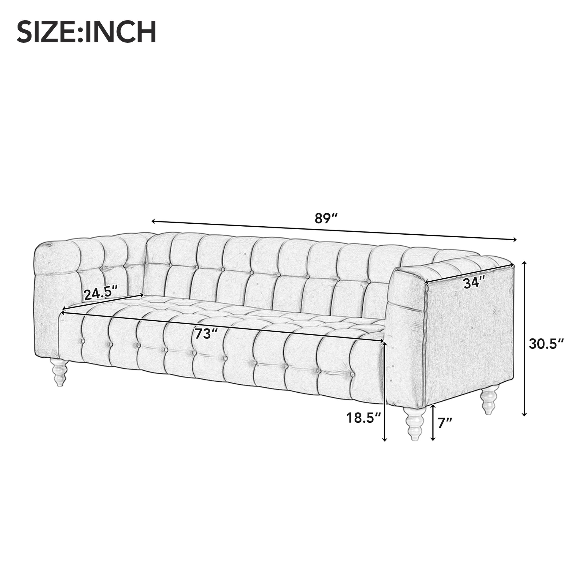 89" Modern Sofa Dutch Fluff Upholstered Sofa With Solid Wood Legs, Buttoned Tufted Backrest,Black Black Foam Polyester 3 Seat
