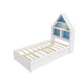 Twin Size House Shaped Bed With Bookcase Headboard And Led Light And Twin Size Trundle For Kids Boys Girls, Blue White Box Spring Not Required Twin White Blue Wood Bedroom Cute Bed Frame Wood