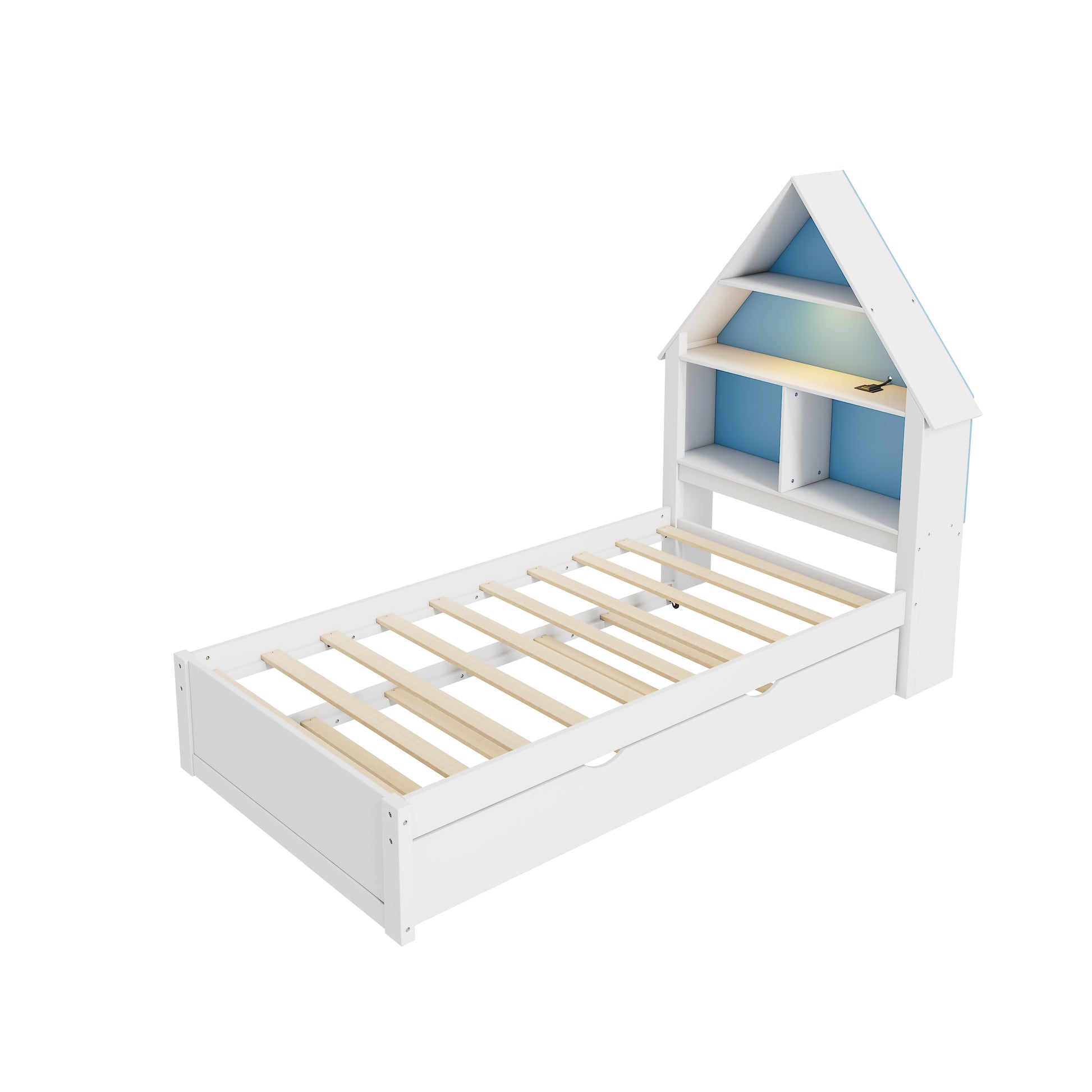 Twin Size House Shaped Bed With Bookcase Headboard And Led Light And Twin Size Trundle For Kids Boys Girls, Blue White Box Spring Not Required Twin White Blue Wood Bedroom Cute Bed Frame Wood