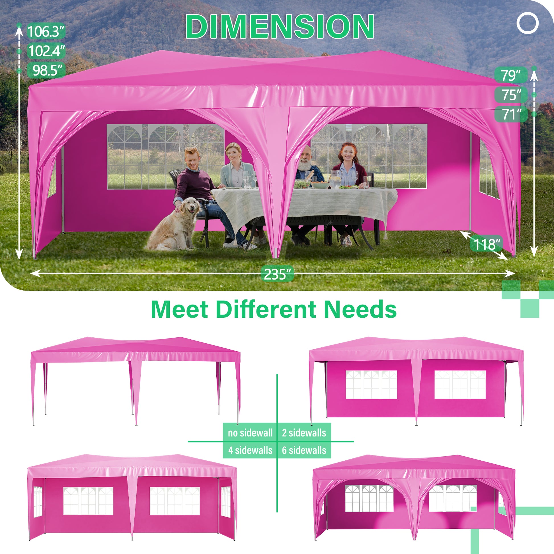 10'X20' Pop Up Canopy Tent With 6 Sidewalls, Ez Pop Up Outdoor Canopy For Parties, Waterproof Commercial Tent With 3 Adjustable Heights, Carry Bag, 6 Sand Bags, 6 Ropes And 12 Stakes, Pink Pink Metal