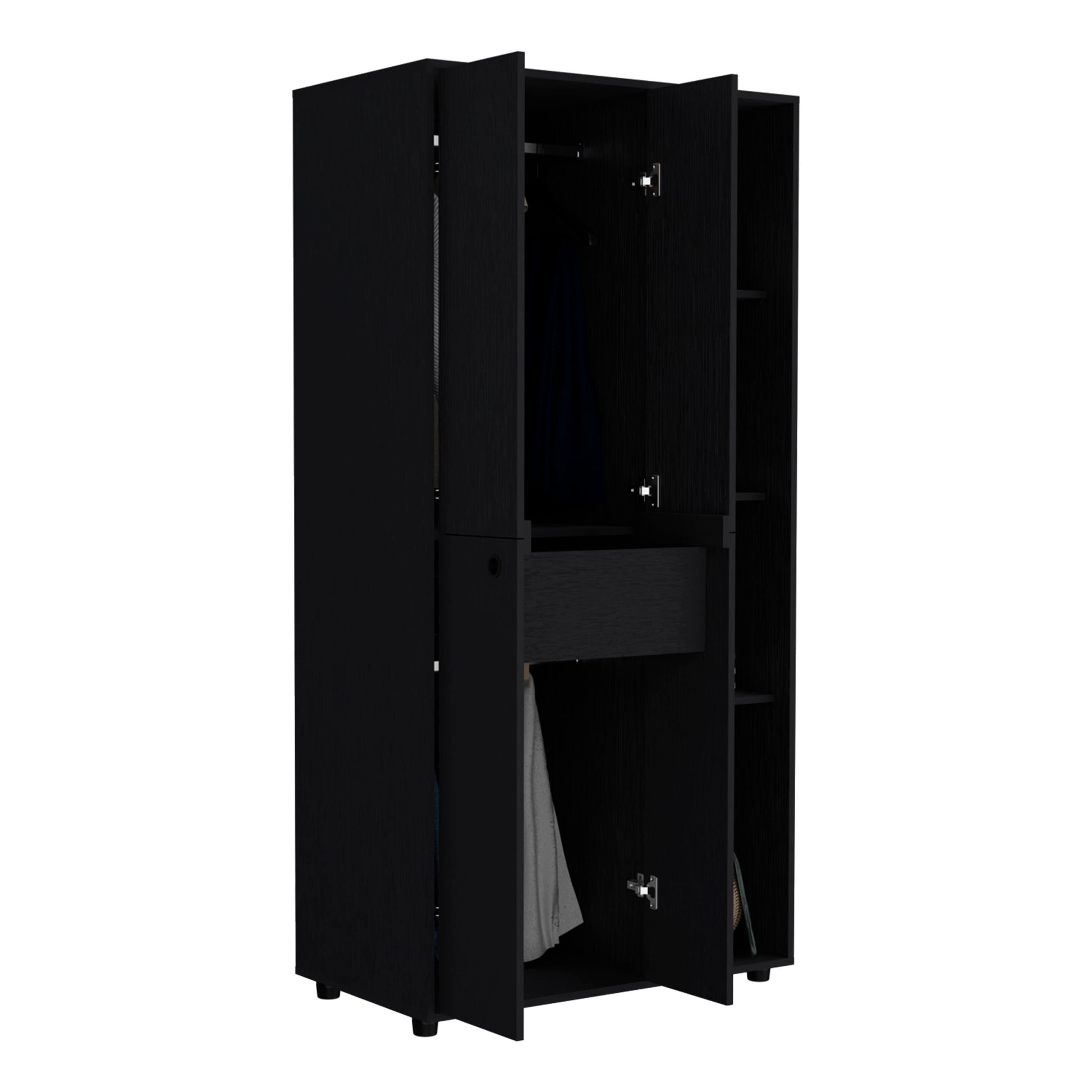 Misuri Wardrobe Armoire With Double Door, Drawer, Hanging Rodss, And Open Shelves Black Black Particle Board