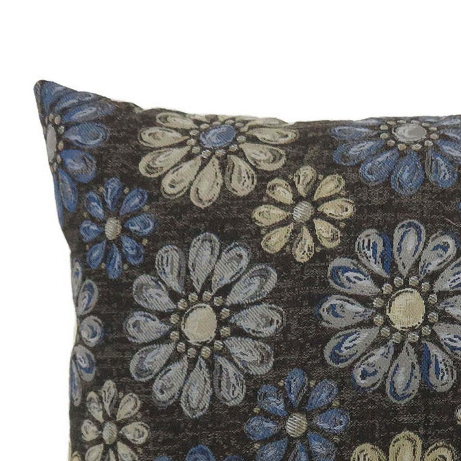 Contemporary Style Floral Designed Set Of 2 Throw Pillows, Navy Blue Navy Blue Polyester