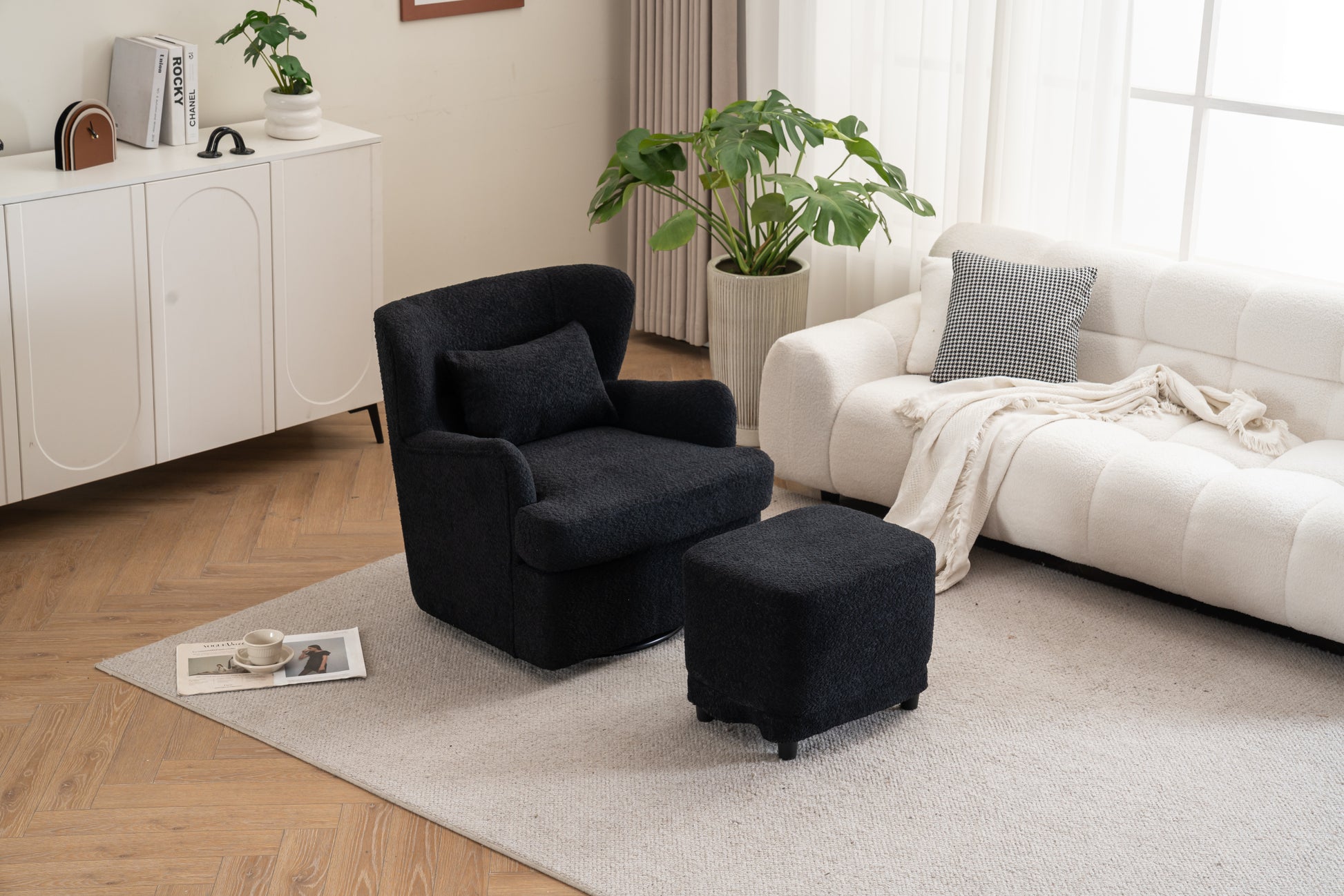 Modern Luxury Velvet Swivel Chair, 360 Swivel Comfort Round Armchair, Single Sofa Chair With Lounge Seat For Bedroom Office Reading Space, Set Of 1 ,Black Black Wood