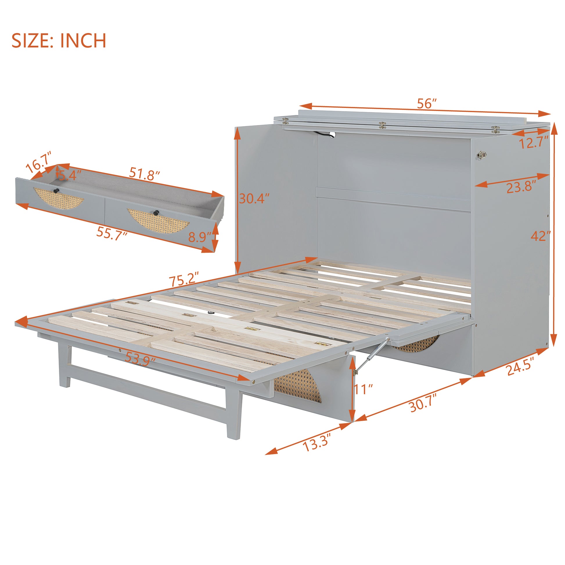 Full Size Murphy Bed With Large Drawer,Usb Ports And Outlets,Gray Full Gray Plywood