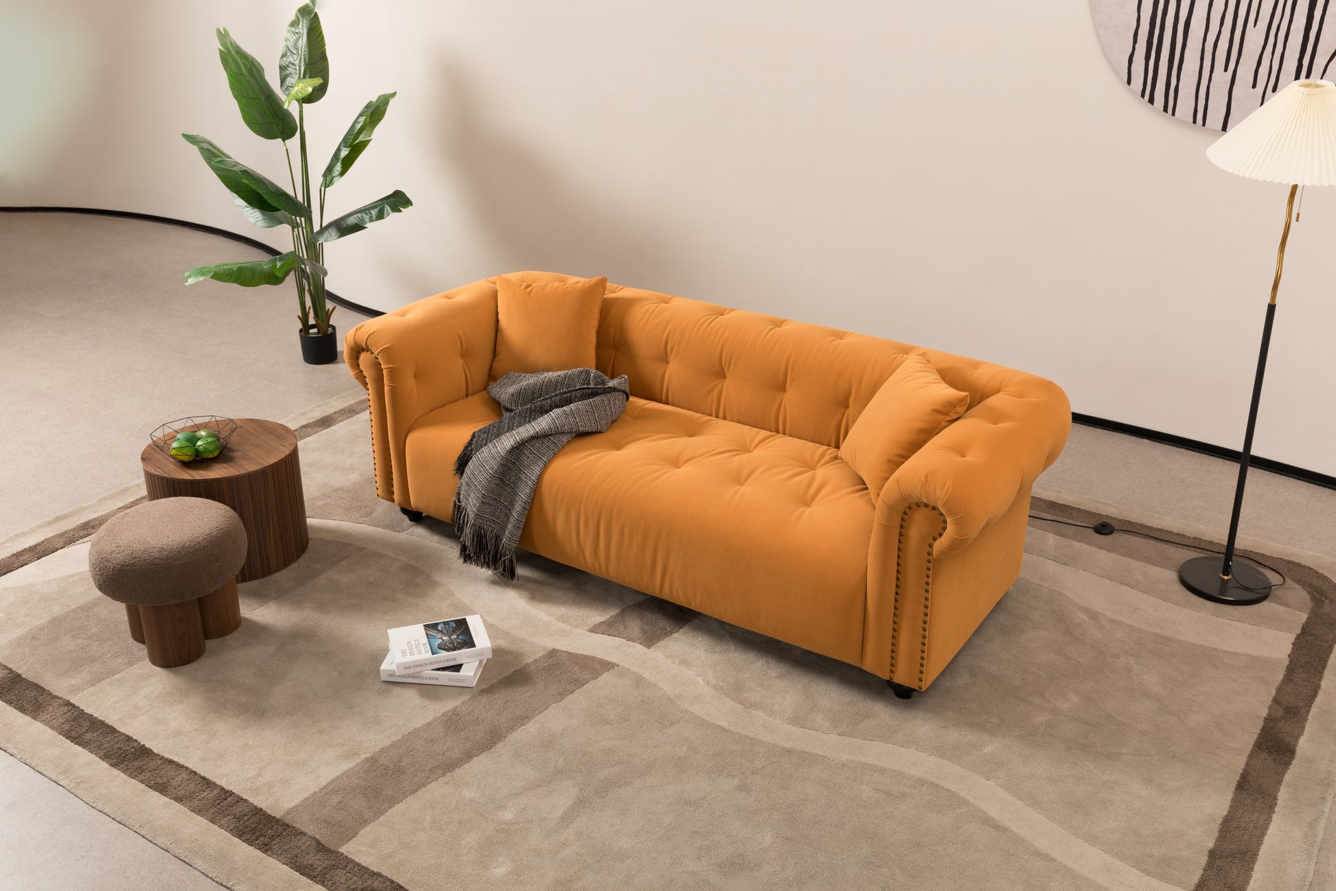 Wks12 Retro Medieval Style Sofa, Orange, Full Installation Only Needs To Install Feet Can Be Used, With 2 Throw Pillows Orange Retro Fabric 2 Seat