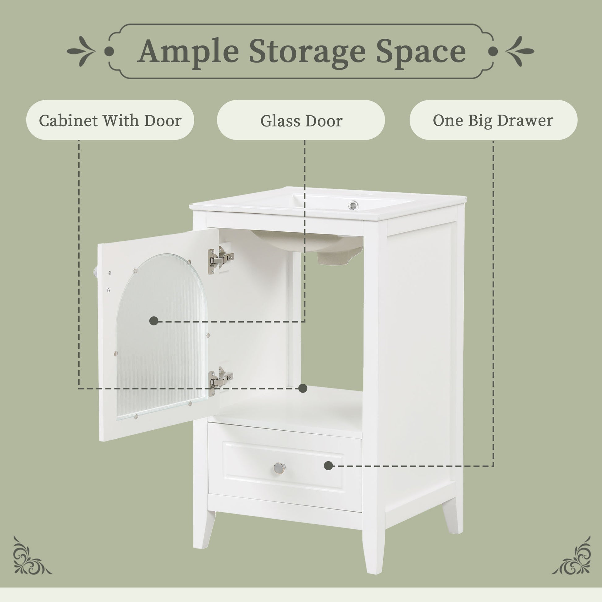 20" Bathroom Vanity With Sink, Bathroom Cabinet With Soft Closing Glass Door, A Drawer, White White Mdf