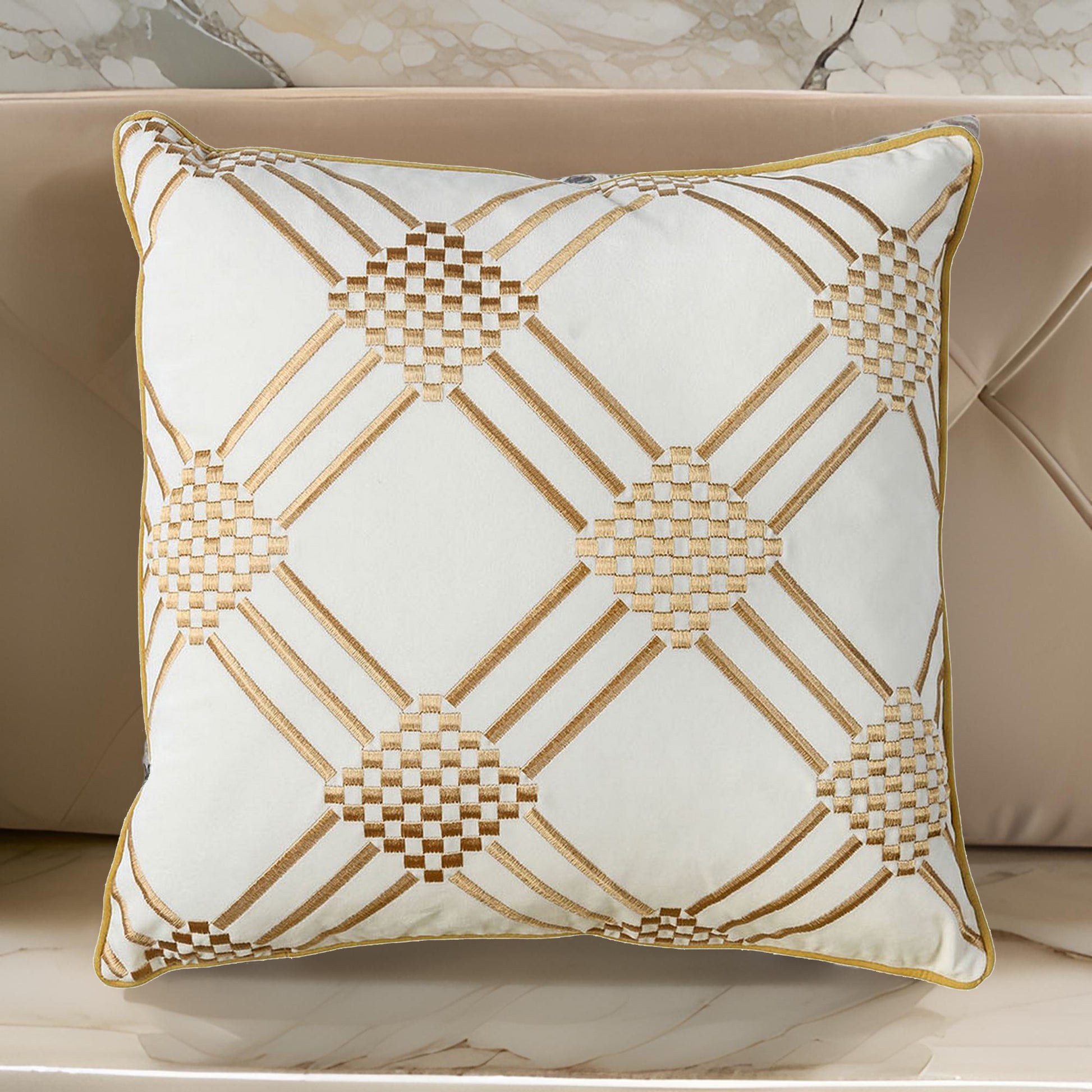 Contemporary Style Set Of 2 Throw Pillows With Diamond Patterns, Ivory, Yellow Ivory Polyester