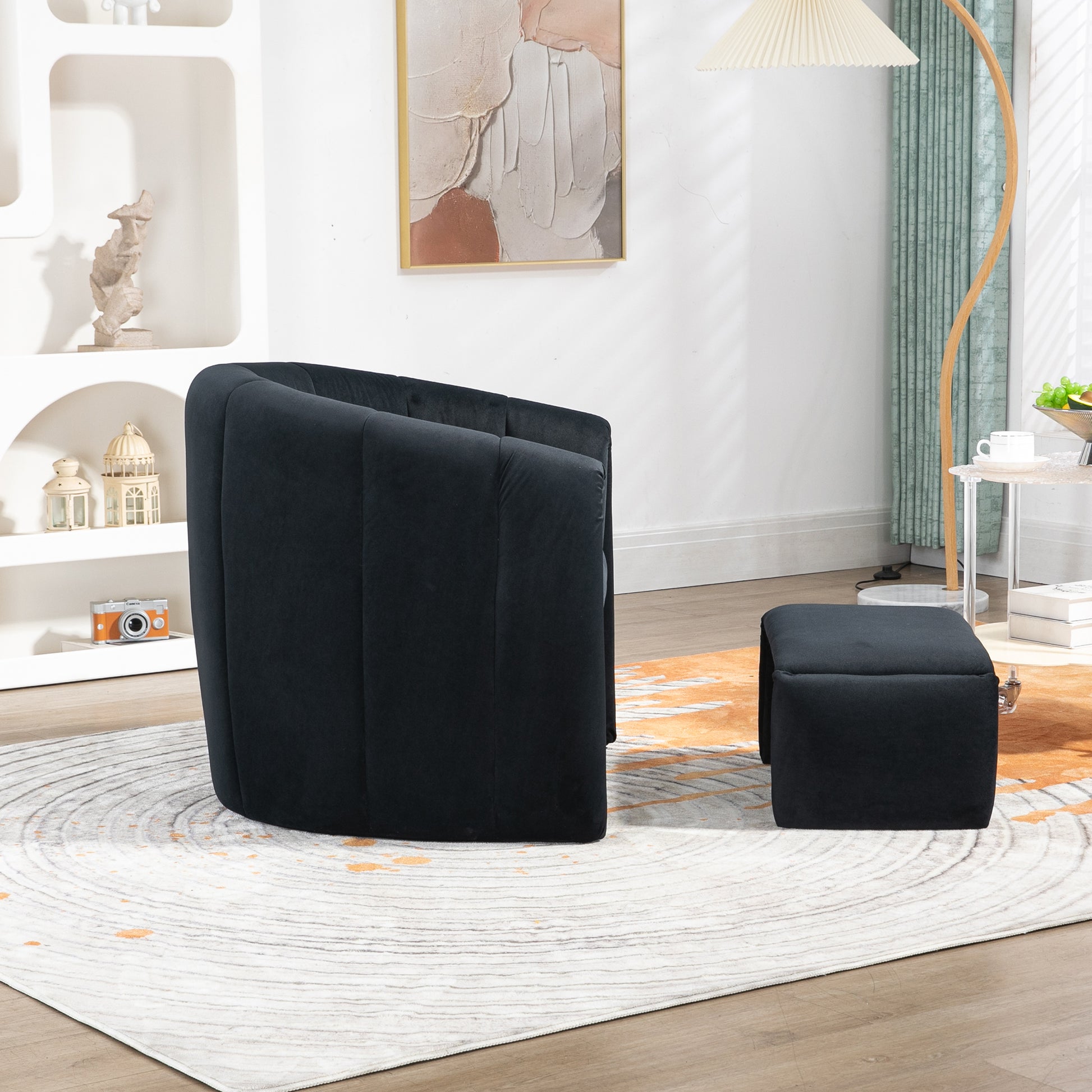 Coolmore Accent Chair With Ottoman, Mid Century Modern Barrel Chair Upholstered Club Tub Round Arms Chair For Living Room Bedroom Office Black Velvet Black Foam Velvet