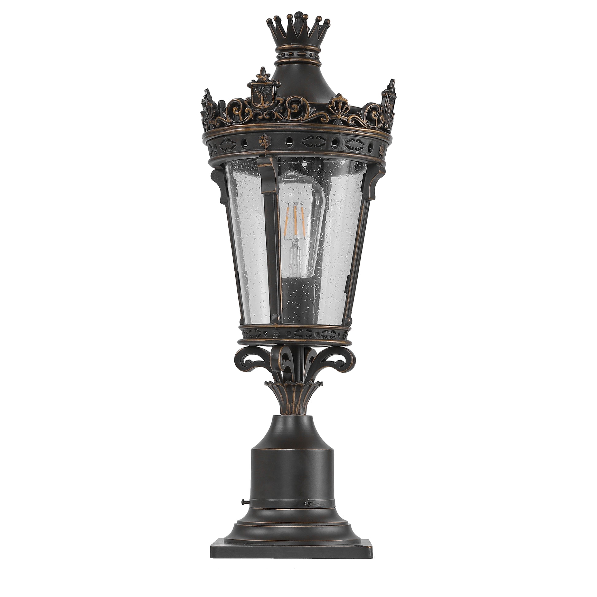 Vintage Crown Outdoor Post Lantern, Waterproof Decorative Table Lamp With Clear Glass Shade And Antique Metal Base For Garden, Patio, Porch, Pathway Lighting One Piece&No Bulb Coffee,Golden