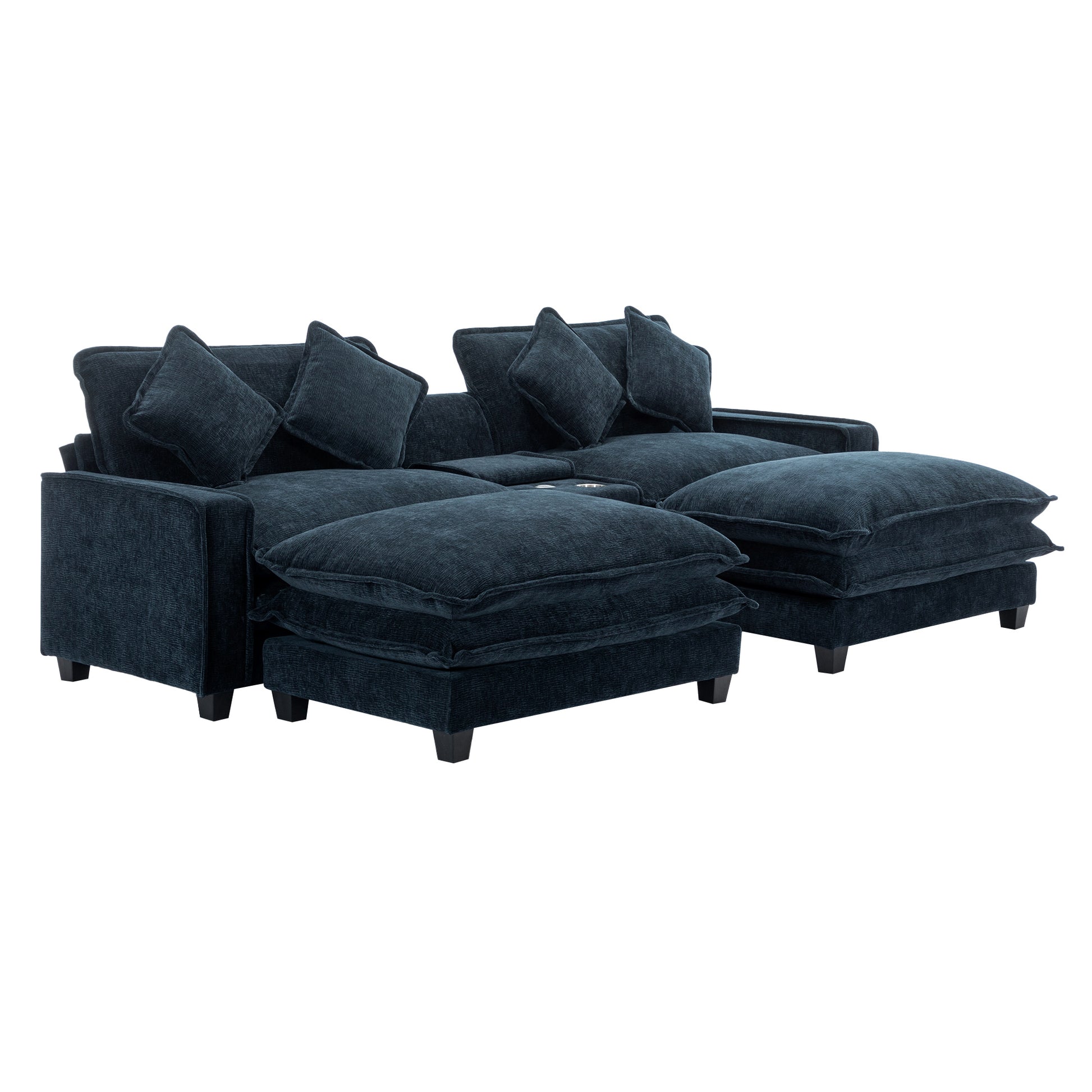 112.6" Sectional Sofa Chenille Upholstered Sofa With Two Removable Ottoman, Two Usb Ports, Two Cup Holders And Large Storage Box For Living Room, Blue Blue Foam Chenille 2 Seat