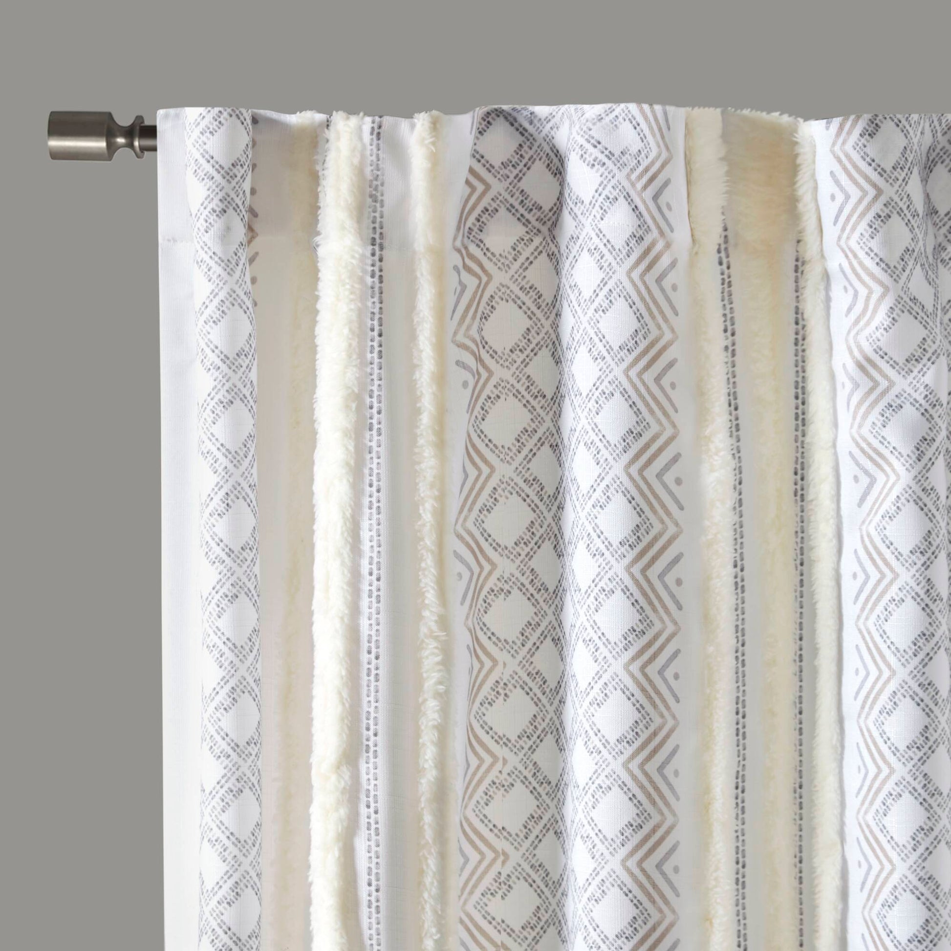 2Pk Poly Printed Curtain Panel With Tufted Stripe White Taupe 2 Pk 50X84" Multicolor Polyester