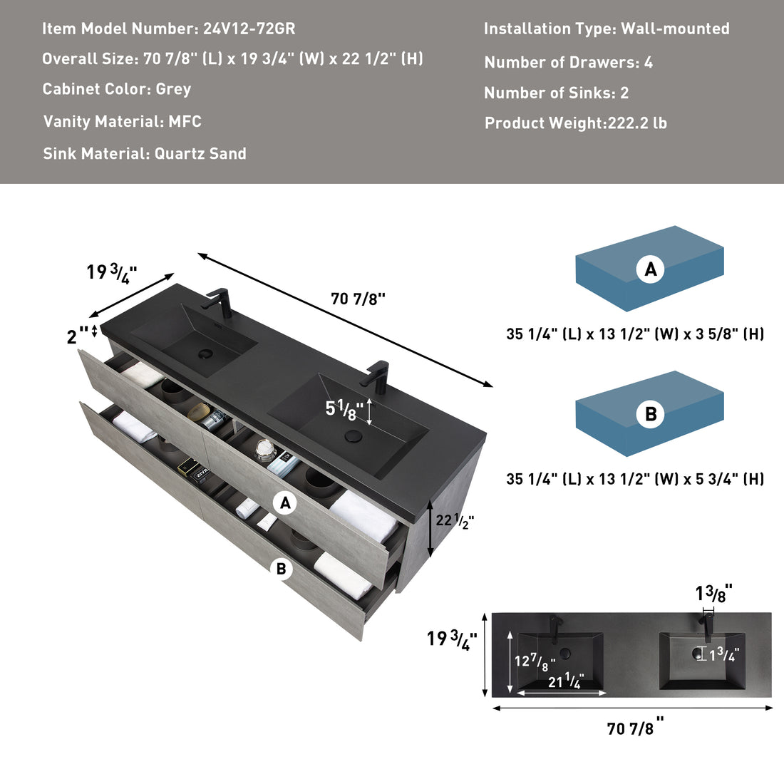 72" Floating Bathroom Vanity With Sink, Modern Wall Mounted Bathroom Storage Vanity Cabinet With Two Black Quartz Sand Top Basins And Four Soft Close Drawers, 24V12 72Gr Grey 4 Grey Wall Mounted Plywood