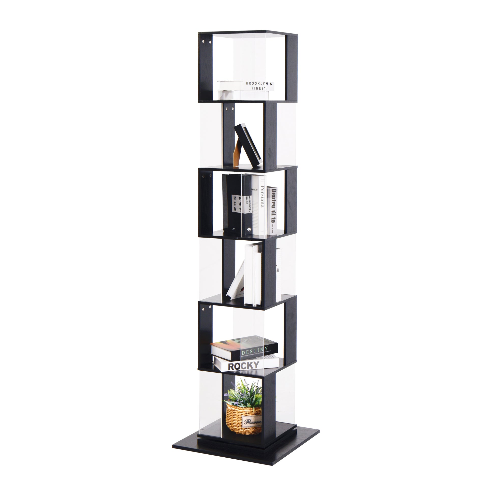 6 Tier Rotating Bookshelf, Floor Rack Simple Bookcase With Acrylic Plate Student Multi Function Creative Bookshelf For Living Room With Anti Toppling Base Black Particle Board