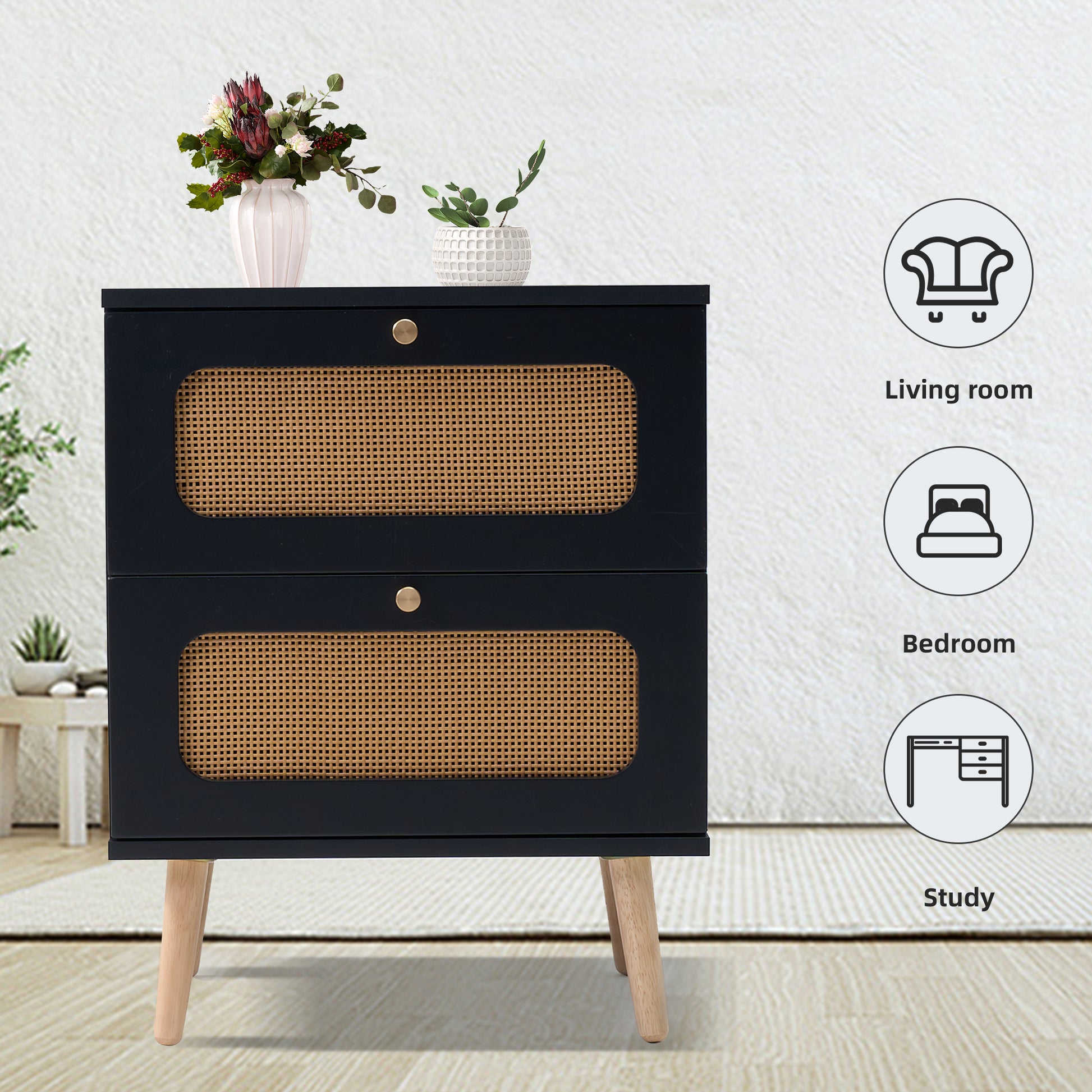 2 Drawer Rattan Nightstand For Bedroom And Living Room, End Table, Side Table With 2 Hand Made Rattan Decorated Drawers Black 2 Drawers Particle Board Mdf,Rattan