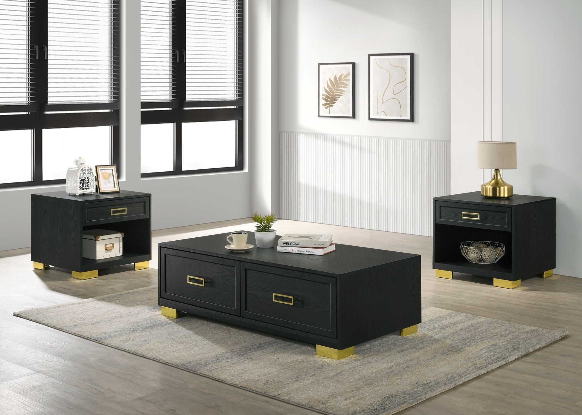1Pc Contemporary Coffee Table Storage Drawers Black Gold Finish Metal Pull Knob Living Room Wooden Modern Furniture Black,Gold Primary Living Space Contemporary,Modern,Ultra Modern Drawers