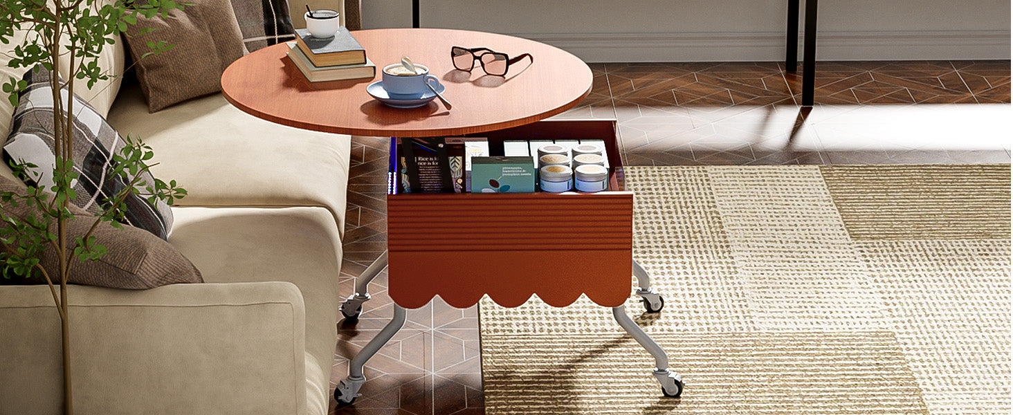 Round Lift Top Coffee Table With Wheels, Metal Frame And Multi Color Lighting In 27.6" Mahogany Glass,Mdf Metal