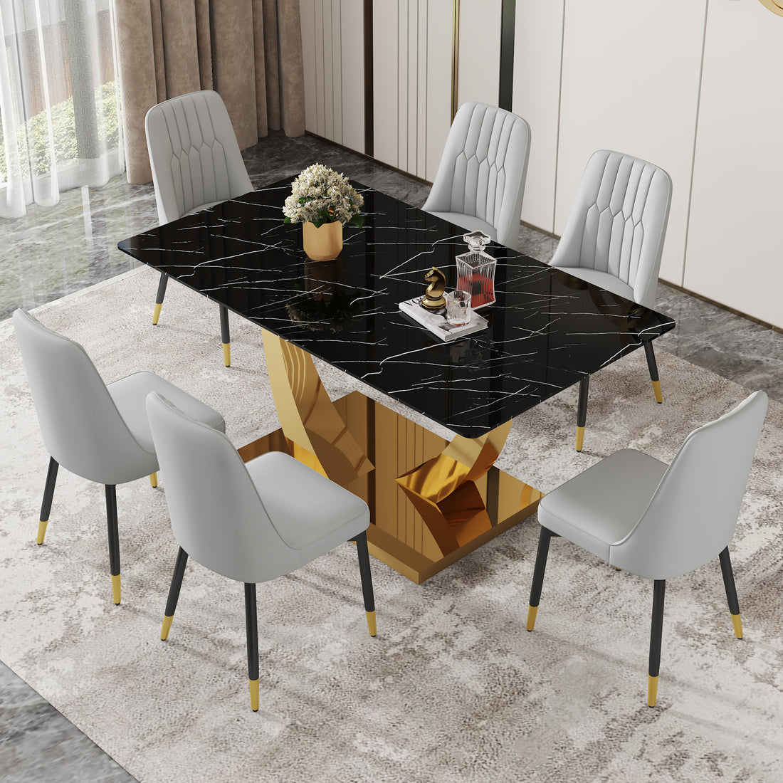 Table And Chair Set.Modern Rectangular Dining Table With Black Textured Stickers Glass Tabletop And Gold Plated Metal Legs.Paried With 6 Comfortable Chairs With Pu Seats And Black Metal Legs. Black Gold,Light Gray Seats 6 Glass Metal