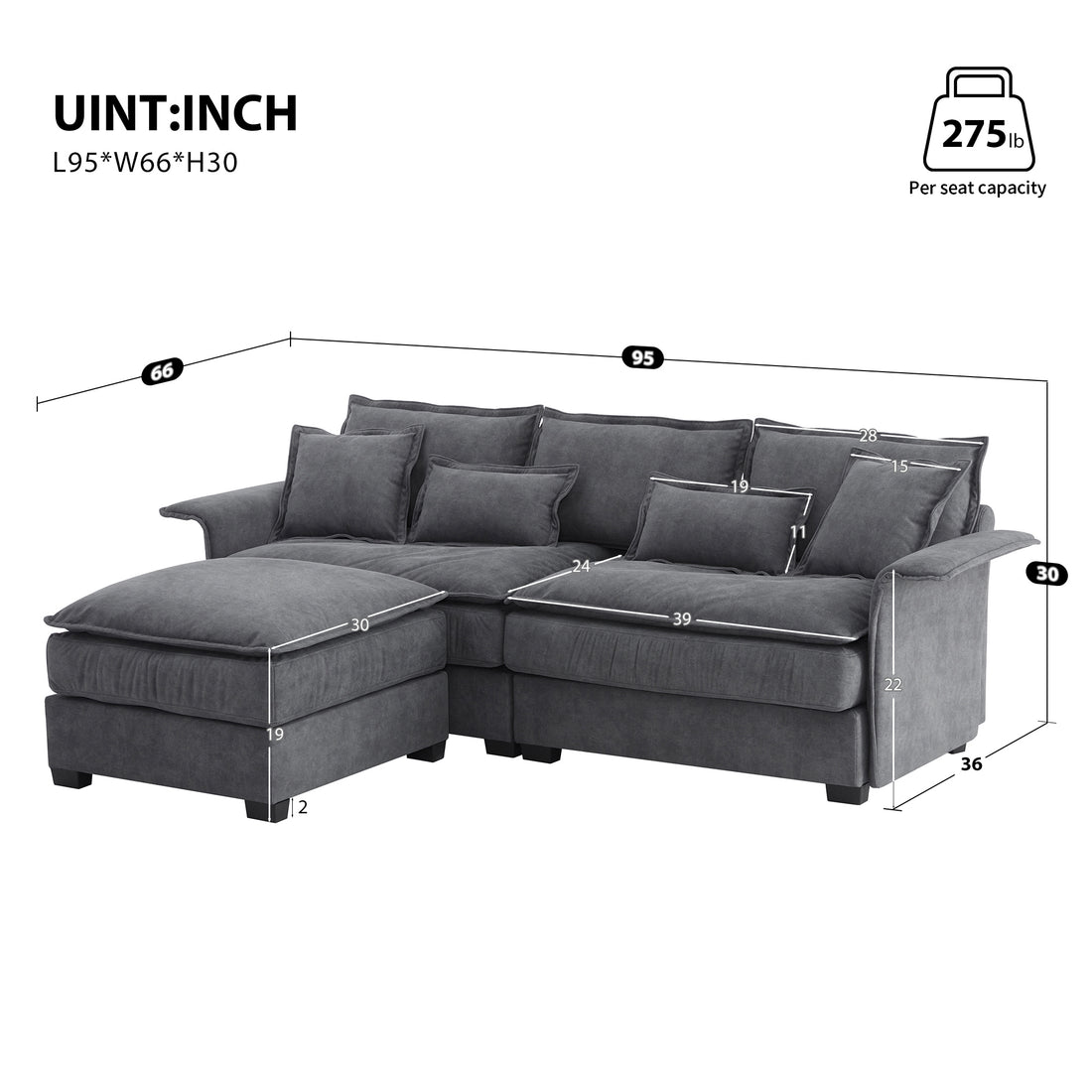 95*66"Oversized Luxury Sectional Sofa With Bentwood Armrests,4 Seat Upholstered Indoor Furniture With Double Cushions,L Shape Couch With Ottoman For Living Room,Apartment,3 Colors Dark Grey Fabric 4 Seat