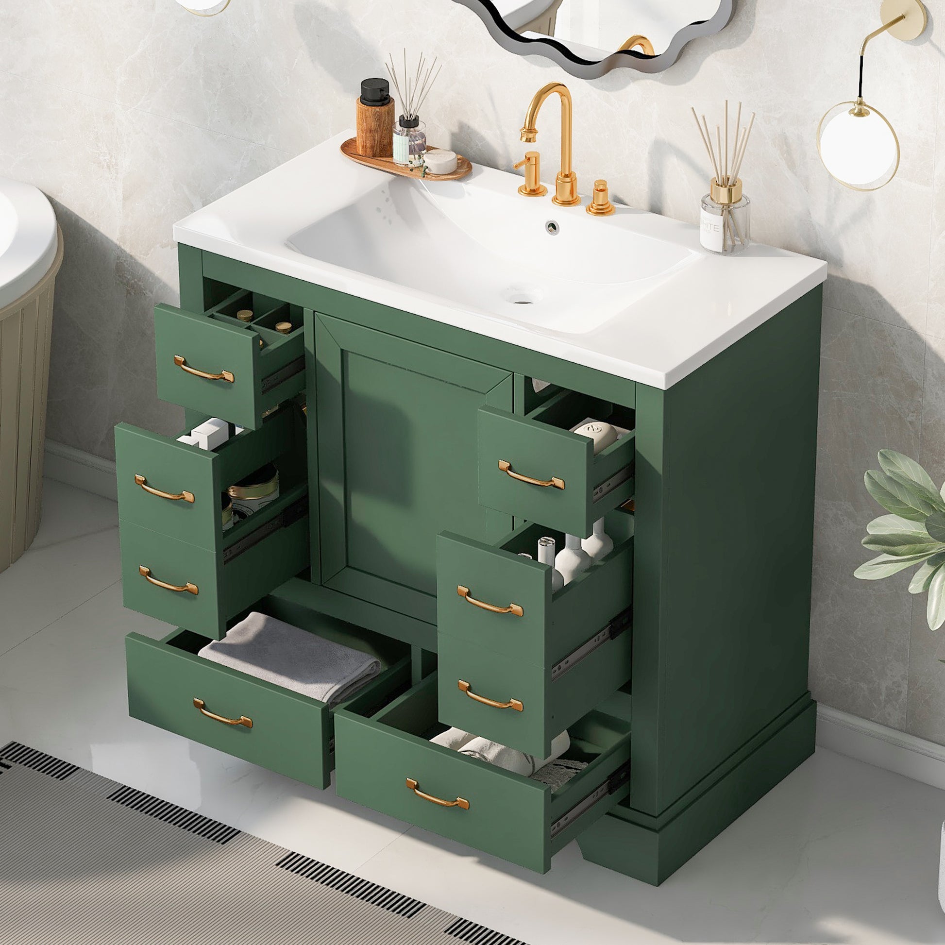 36" Bathroom Vanity With Sink Combo, Six Drawers, Multi Functional Drawer Divider, Adjustable Shelf, Green Green Solid Wood Mdf