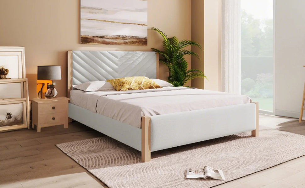 Modern Mid Century Queen Upholstered Platform Bed Frame With Tufted Headboard And Solid Wood Legs,No Box Spring Needed,Beige Box Spring Not Required Queen Beige Wood Bedroom Mid Century Modern,Modern Bed Frame Linen Wood